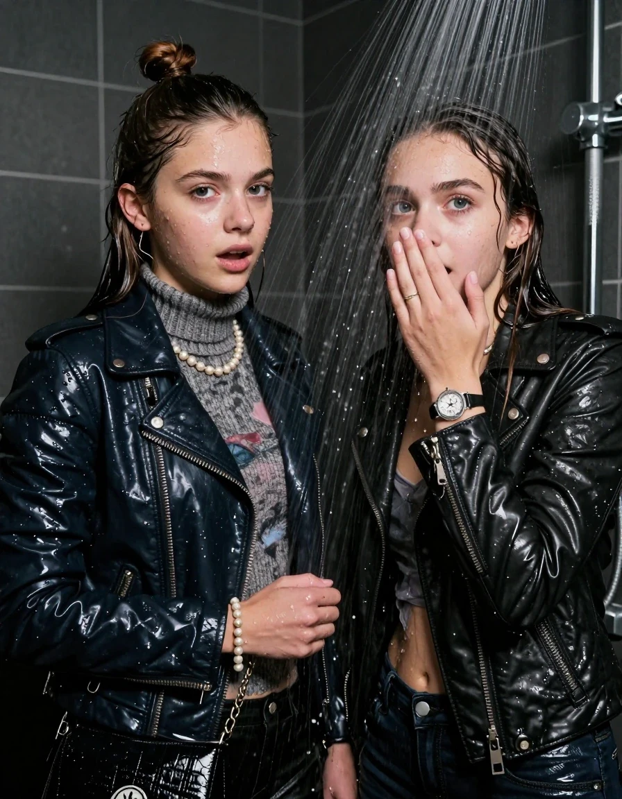 photo of young woman, in soaking wet, drenched clothes,
, , Biker leatherjacket and moncler shiny puffer down jacket, knit turtleneck sweater belly free, handbag, pearl necklace, bracelet, wristwatch, Under the shower, strong jet of water, party room, 
enjoying, wet clothes stuck to body,
detailed textures of the wet clothes, wet face, wet plastered hair,
wet, drenched, professional, high-quality details, full body view.
sharp focus, ultra-high pixel detail, realistic, high-quality, full colors, incredibly detailed, 4k, 8k, 16k, hyper-realistic, RAW photo, masterpiece, ultra-detailed, professionally color graded, professional photograph, sleek long straight hair and topknot

 two 15 years old  teenage girls

Only head and shoulders are over the surface visible. Open mouth, big eyes. Looking at camera. Hold her hand in front of her nose.

The girls wear different clothes.

she is completely underwater up to her neck, afraid and astonished expression. 

her clothing is soaking wet and clinging tightly to her skin, showing heavy wet folds, darkened fabric texture, and deep water-saturated Patches, her clothes are heavy from the water, water runs from her body and her clothes in streams. A lot of water also runs out of her clothes. Her clothes are darkened by the water. Her submerged clothes are good visible under the water.  she soaked her handbag into the water.

close up view, wet skin, wet clothes, wet hair, damp fabric, water runs down the clothes, wet skin, wet clothes, damp fabric. cinematic medium shot, hyper-realistic wetness, high-contrast water sheen, sharp focus, 16k resolution, professional photography, realistic water physics., wet skin, wet clothes, damp fabric, wet skin, wet clothes, damp fabric, wet skin, wet clothes, damp fabric