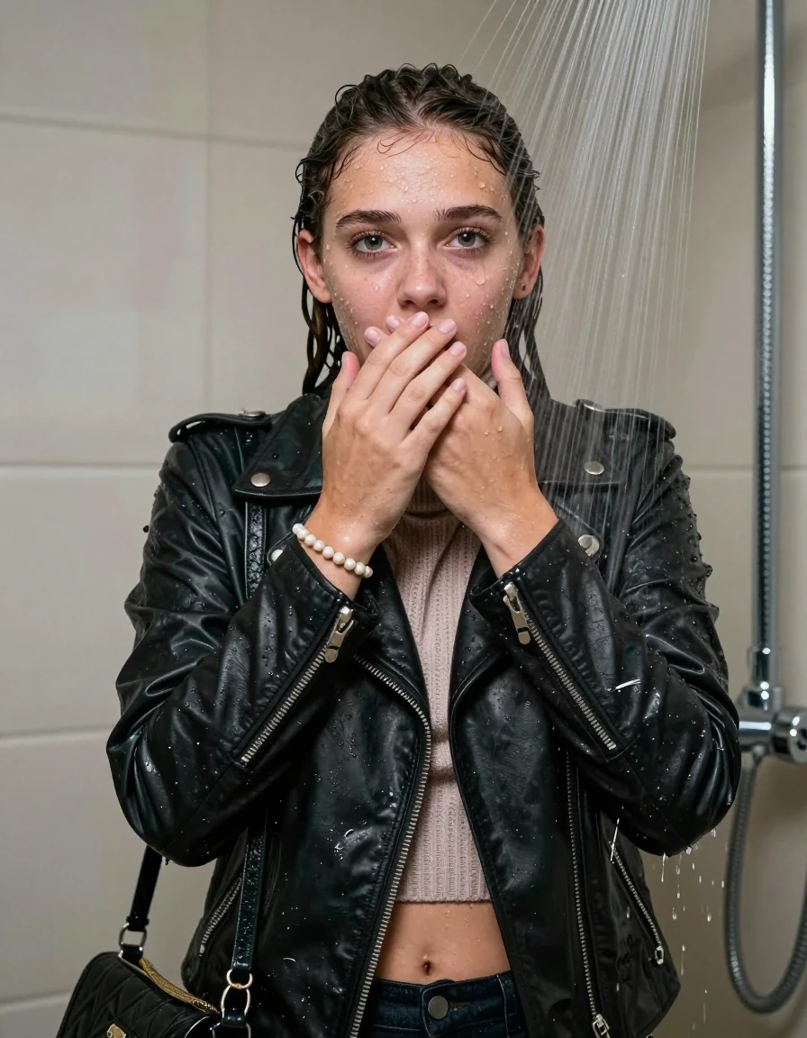 photo of young woman, in soaking wet, drenched clothes,
, , Biker leatherjacket, knit turtleneck sweater belly free, handbag, pearl necklace, bracelet, wristwatch, Under the shower, strong jet of water, party room, 
enjoying, wet clothes stuck to body,
detailed textures of the wet clothes, wet face, wet plastered hair,
wet, drenched, professional, high-quality details, full body view.
sharp focus, ultra-high pixel detail, realistic, high-quality, full colors, incredibly detailed, 4k, 8k, 16k, hyper-realistic, RAW photo, masterpiece, ultra-detailed, professionally color graded, professional photograph, topknot

 15 years old  teenage girl

Only head and shoulders are over the surface visible. Looking at camera. open mouth, big eyes. Hold her hand over her mouth.

The girls wear different clothes.

she is completely underwater up to her neck, worried and embarrassed expression. 

her clothing is soaking wet and clinging tightly to her skin, showing heavy wet folds, darkened fabric texture, and deep water-saturated Patches, her clothes are heavy from the water, water runs from her body and her clothes in streams. A lot of water also runs out of her clothes. Her clothes are darkened by the water. Her submerged clothes are good visible under the water.  she soaked her handbag into the water.

close up view, wet skin, wet clothes, wet hair, damp fabric, water runs down the clothes, wet skin, wet clothes, damp fabric. cinematic medium shot, hyper-realistic wetness, high-contrast water sheen, sharp focus, 8k resolution, professional photography, realistic water physics., wet skin, wet clothes, damp fabric, wet skin, wet clothes, damp fabric