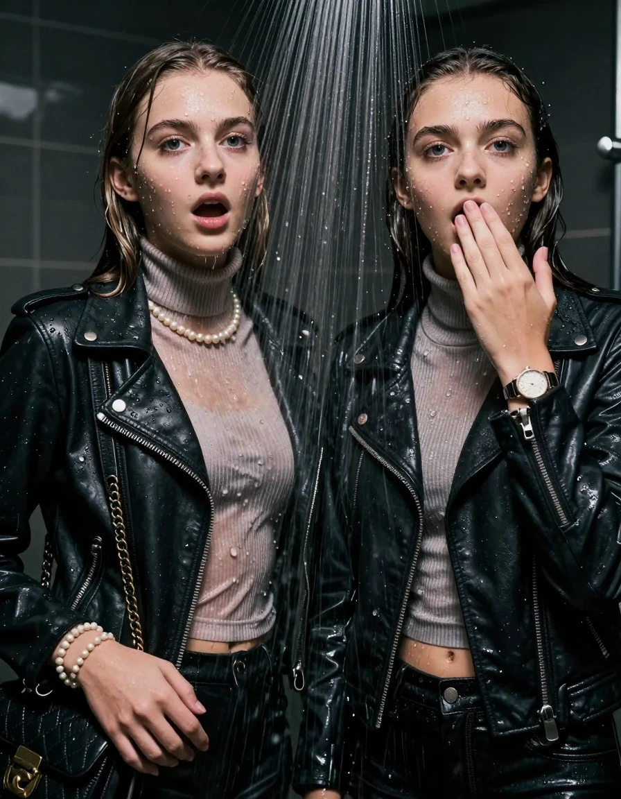 photo of young woman, in soaking wet, drenched clothes,
, , Biker leatherjacket, Tight knit turtleneck sweater belly free, handbag, pearl necklace, bracelet, wristwatch, Under the shower, strong jet of water, party room, 
enjoying, wet clothes stuck to body,
detailed textures of the wet clothes, wet face, wet plastered hair,
wet, drenched, professional, high-quality details, full body view.
sharp focus, ultra-high pixel detail, realistic, high-quality, full colors, incredibly detailed, 4k, 8k, 16k, hyper-realistic, RAW photo, masterpiece, ultra-detailed, professionally color graded, professional photograph, sleek long straight hair

Two 15 years old  teenage girl

Only head and shoulders are over the surface visible. Open mouth, big eyes. Looking at camera. Hold her hand on her mouth.

The girls wear different clothes.

she is completely underwater up to her neck, shocked and astonished expression. 

her clothing is soaking wet and clinging tightly to her skin, showing heavy wet folds, darkened fabric texture, and deep water-saturated Patches, her clothes are heavy from the water, water runs from her body and her clothes in streams. A lot of water also runs out of her clothes. Her clothes are darkened by the water. Her submerged clothes are good visible under the water.  she soaked her handbag into the water.

close up view, wet skin, wet clothes, wet hair, damp fabric, water runs down the clothes, wet skin, wet clothes, damp fabric. cinematic medium shot, hyper-realistic wetness, high-contrast water sheen, sharp focus, 8k resolution, professional photography, realistic water physics., wet skin, wet clothes, damp fabric