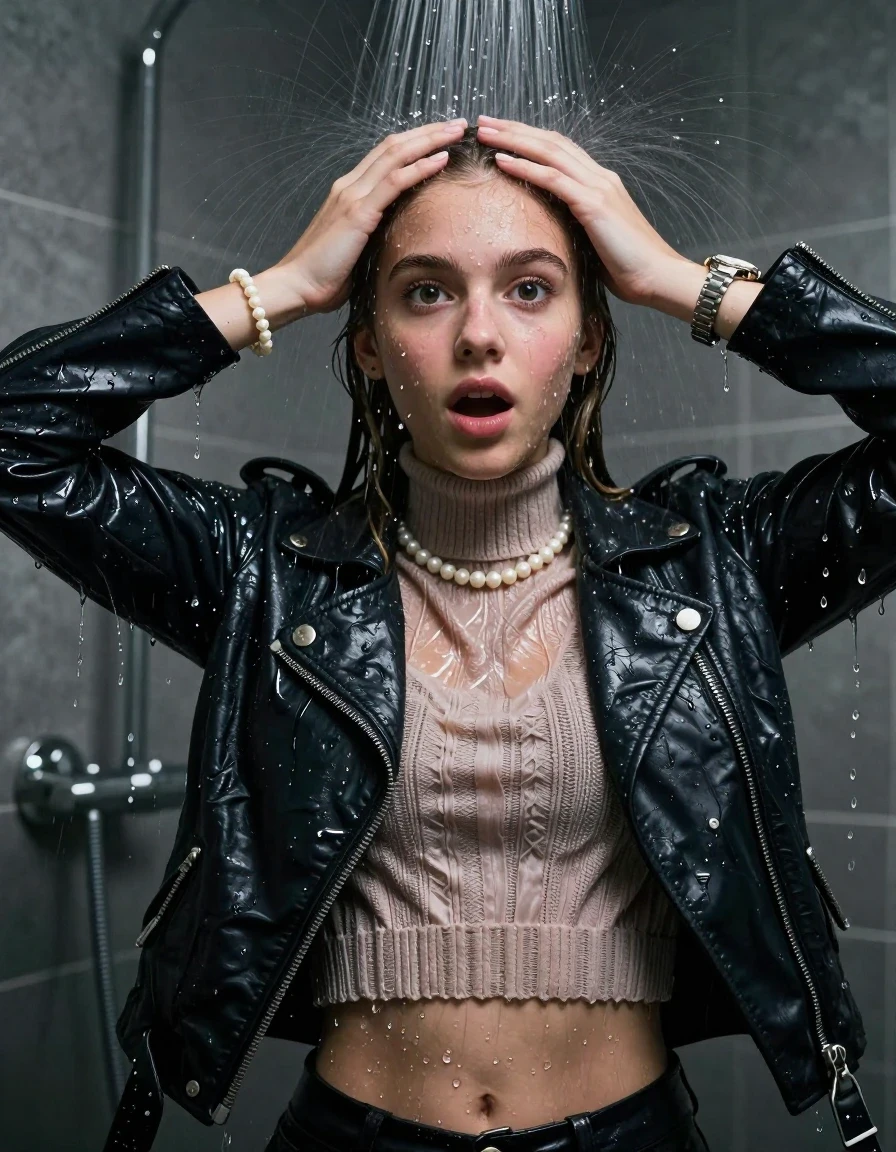 photo of young woman, in soaking wet, drenched clothes,
, , Biker leatherjacket, knit turtleneck sweater belly free, handbag, pearl necklace, bracelet, wristwatch, Under the shower, strong jet of water, party room, 
enjoying, wet clothes stuck to body,
detailed textures of the wet clothes, wet face, wet plastered hair,
wet, drenched, professional, high-quality details, full body view.
sharp focus, ultra-high pixel detail, realistic, high-quality, full colors, incredibly detailed, 4k, 8k, 16k, hyper-realistic, RAW photo, masterpiece, ultra-detailed, professionally color graded, professional photograph, sleek long straight hair

 15 years old  teenage girl

Only head and shoulders are over the surface visible. Open mouth, big eyes. Looking at camera. Hold her hands on her forehead.

The girls wear different clothes.

she is completely underwater up to her neck, surprised and astonished expression. 

her clothing is soaking wet and clinging tightly to her skin, showing heavy wet folds, darkened fabric texture, and deep water-saturated Patches, her clothes are heavy from the water, water runs from her body and her clothes in streams. A lot of water also runs out of her clothes. Her clothes are darkened by the water. Her submerged clothes are good visible under the water.  she soaked her handbag into the water.

close up view, wet skin, wet clothes, wet hair, damp fabric, water runs down the clothes, wet skin, wet clothes, damp fabric. cinematic medium shot, hyper-realistic wetness, high-contrast water sheen, sharp focus, 8k resolution, professional photography, realistic water physics., wet skin, wet clothes, damp fabric, wet skin, wet clothes, damp fabric