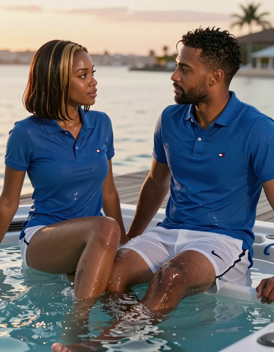 A photorealistic medium shot from the POV of a man sitting in a hot tub, looking at a beautiful 30-year-old African-American woman sitting opposite him. She has a sleek chin-length bob with honey-blonde highlights and warm, expressive brown eyes. Her skin is glistening with water droplets and a glossy sheen, and her hair is wet, dark, and slicked against her head. She is wearing a blue Tommy Hilfiger polo shirt that is soaked through, clinging to her skin with deep saturated color and heavy wet folds. She wears white Nike Tempo shorts that are water-saturated, translucent where clinging to the skin, and heavy with moisture. She is barefoot, with her feet partially submerged in the bubbling hot tub water. The scene is set at sunset, with golden hour light reflecting off the water surface and creating shimmering highlights on her wet skin and clothing. The water is steaming slightly, with realistic ripples and bubbles. 8k resolution, cinematic lighting, highly detailed skin texture, hyper-realistic wet fabric physics, depth of field.