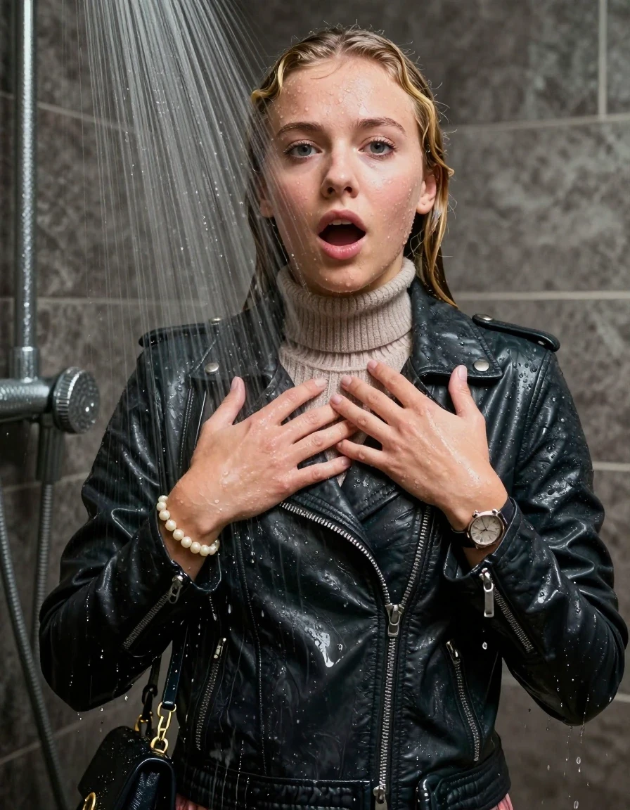 photo of young woman, in soaking wet, drenched clothes,
, , Biker leatherjacket, knit turtleneck sweater belly free, handbag, pearl necklace, bracelet, wristwatch, Under the shower, strong jet of water, party shower, 
enjoying, wet clothes stuck to body,
detailed textures of the wet clothes, wet face, wet plastered hair,
wet, drenched, professional, high-quality details, full body view.
sharp focus, ultra-high pixel detail, realistic, high-quality, full colors, incredibly detailed, 4k, 8k, 16k, hyper-realistic, RAW photo, masterpiece, ultra-detailed, professionally color graded, professional photograph, blonde pigtails

 15 years old  teenage girl

Only head and shoulders are over the surface visible. Looking at camera. Hold her hands over her chest. open mouth.

The girls wear different clothes.

she is completely underwater up to her neck, shocked and embarrassed expression. 

her clothing is soaking wet and clinging tightly to her skin, showing heavy wet folds, darkened fabric texture, and deep water-saturated Patches, her clothes are heavy from the water, water runs from her body and her clothes in streams. A lot of water also runs out of her clothes. Her clothes are darkened by the water. Her submerged clothes are good visible under the water.  she soaked her handbag into the water.

close up view, wet skin, wet clothes, wet hair, damp fabric, water runs down the clothes, wet skin, wet clothes, damp fabric. cinematic medium shot, hyper-realistic wetness, high-contrast water sheen, sharp focus, 8k resolution, professional photography, realistic water physics., wet skin, wet clothes, damp fabric, wet skin, wet clothes, damp fabric, wet skin, wet clothes, damp fabric