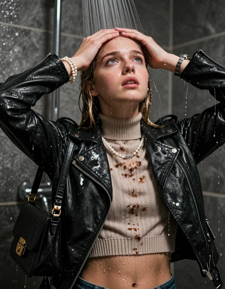 photo of young woman, in soaking wet, drenched clothes,
, , Biker leatherjacket, knit turtleneck sweater belly free, handbag, pearl necklace, bracelet, wristwatch, Under the shower, strong jet of water, party room, 
enjoying, wet clothes stuck to body,
detailed textures of the wet clothes, wet face, wet plastered hair,
wet, drenched, professional, high-quality details, full body view.
sharp focus, ultra-high pixel detail, realistic, high-quality, full colors, incredibly detailed, 4k, 8k, 16k, hyper-realistic, RAW photo, masterpiece, ultra-detailed, professionally color graded, professional photograph, blonde pigtails

 15 years old  teenage girl

Only head and shoulders are over the surface visible. Looking up. Hold her hands over her forehead.

The girls wear different clothes.

she is completely underwater up to her neck, afraid and embarrassed expression. 

her clothing is soaking wet and clinging tightly to her skin, showing heavy wet folds, darkened fabric texture, and deep water-saturated Patches, her clothes are heavy from the water, water runs from her body and her clothes in streams. A lot of water also runs out of her clothes. Her clothes are darkened by the water. Her submerged clothes are good visible under the water.  she soaked her handbag into the water.

close up view, wet skin, wet clothes, wet hair, damp fabric, water runs down the clothes, wet skin, wet clothes, damp fabric. cinematic medium shot, hyper-realistic wetness, high-contrast water sheen, sharp focus, 8k resolution, professional photography, realistic water physics., wet skin, wet clothes, damp fabric, wet skin, wet clothes, damp fabric, wet skin, wet clothes, damp fabric