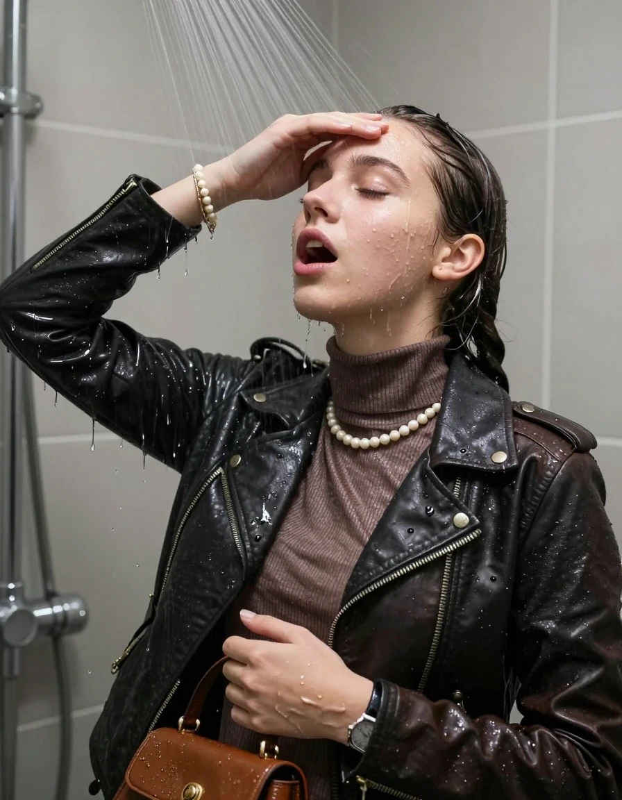 photo of young woman, in soaking wet, drenched clothes,
, , black Biker leatherjacket and brown biker leatherjacket, Tight knit turtleneck sweater belly free, handbag, pearl necklace, bracelet, wristwatch, Under the shower, strong jet of water, lokker room, 
enjoying, wet clothes stuck to body,
detailed textures of the wet clothes, wet face, wet plastered hair,
wet, drenched, professional, high-quality details, full body view.
sharp focus, ultra-high pixel detail, realistic, high-quality, full colors, incredibly detailed, 4k, 8k, 16k, hyper-realistic, RAW photo, masterpiece, ultra-detailed, professionally color graded, professional photograph, sleek long twisted ponytail

Two 15 years old  teenage girl

Only head and shoulders are over the surface visible. Open mouth, closed eyes. Looking up. Hold a hand over her forehead.

she is completely underwater up to her neck, surprised and astonished expression. 

her submerged clothes are hardly vusible under water, she soaked her handbag into the water

close up view, wet skin, wet clothes, wet hair, damp fabric, water runs down the clothes, wet skin, wet clothes, damp fabric., wet skin, wet clothes, damp fabric, wet skin, wet clothes, damp fabric, wet skin, wet clothes, damp fabric, wet skin, wet clothes, damp fabric, wet skin, wet clothes, damp fabric, wet skin, wet clothes, damp fabric, wet skin, wet clothes, damp fabric, wet skin, wet clothes, damp fabric, wet skin, wet clothes, damp fabric