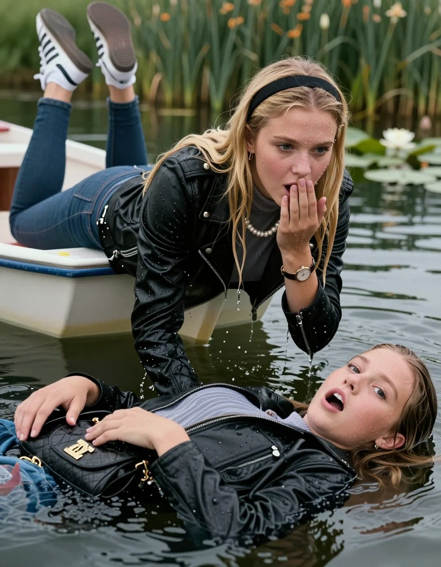 photo of young woman, in soaking wet, drenched clothes,
white sneakers adidas samba black striped, skinny jeans, Black Biker leatherjacket, tight knit turtleneck sweater belly free, shoulderbag, pearl necklace, bracelet, wristwatch, sinking in a lake with a boat with water lilies and reeds, 
enjoying, wet clothes stuck to body,
detailed textures of the wet clothes, wet face, wet plastered hair,
wet, drenched, professional, high-quality details, full body view.
sharp focus, ultra-high pixel detail, realistic, high-quality, full colors, incredibly detailed, 4k, 8k, 16k, hyper-realistic, RAW photo, masterpiece, ultra-detailed, professionally color graded, professional photograph, blonde sleek long straight hair, hairband

two 15 years old  teenage girls

Only head and shoulders are over the surface visible. Open mouth, big eyes. hold a hand on her mouth. leaning forward, lay her breast on the surface and tries to swim to the boat.

The girls wear different clothes.

she is completely underwater up to her neck, shocked and astonished expression. 

her clothing is soaking wet and clinging tightly to her skin, showing heavy wet folds, darkened fabric texture, and deep water-saturated Patches, her clothes are heavy from the water, water runs from her body and her clothes in streams. A lot of water also runs out of her clothes. Her clothes are darkened by the water. Her submerged clothes are good visible under the water.  she soaked her handbag into the water.

close up view, zoom in, wet skin, wet clothes, wet hair, damp fabric, water runs down the clothes, wet skin, wet clothes, damp fabric. cinematic medium shot, hyper-realistic wetness, high-contrast water sheen, sharp focus, 16k resolution, professional photography, realistic water physics., wet skin, wet clothes, damp fabric, wet skin, wet clothes, damp fabric, wet skin, wet clothes, damp fabric