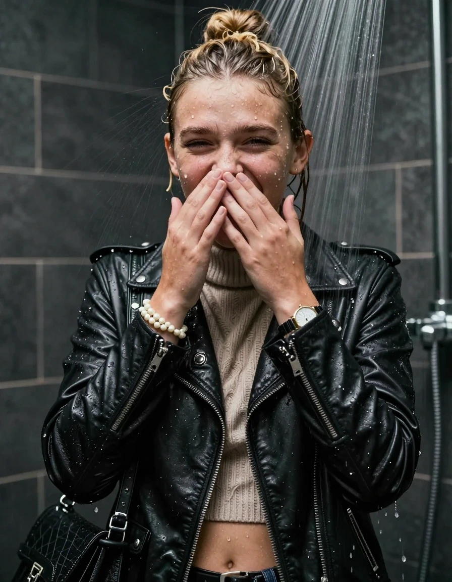 photo of young woman, in soaking wet, drenched clothes,
, , Biker leatherjacket, knit turtleneck sweater belly free, handbag, pearl necklace, bracelet, wristwatch, Under the shower, strong jet of water, party room, 
enjoying, wet clothes stuck to body,
detailed textures of the wet clothes, wet face, wet plastered hair,
wet, drenched, professional, high-quality details, full body view.
sharp focus, ultra-high pixel detail, realistic, high-quality, full colors, incredibly detailed, 4k, 8k, 16k, hyper-realistic, RAW photo, masterpiece, ultra-detailed, professionally color graded, professional photograph, Blonde topknot

 15-years-old  teenage girl

Only head and shoulders are over the surface visible. Looking at camera. Hold her hand over her mouth and nose. Open mouth, half closed eyes.

The girls wear different clothes.

she is completely underwater up to her neck, afraid and astonished expression, but she giggles. 

her clothing is soaking wet and clinging tightly to her skin, showing heavy wet folds, darkened fabric texture, and deep water-saturated Patches, her clothes are heavy from the water, water runs from her body and her clothes in streams. A lot of water also runs out of her clothes. Her clothes are darkened by the water. Her submerged clothes are good visible under the water.  she soaked her handbag into the water.

close up view, wet skin, wet clothes, wet hair, damp fabric, water runs down the clothes, wet skin, wet clothes, damp fabric. cinematic medium shot, hyper-realistic wetness, high-contrast water sheen, sharp focus, 16k resolution, professional photography, realistic water physics., wet skin, wet clothes, damp fabric, wet skin, wet clothes, damp fabric, wet skin, wet clothes, damp fabric