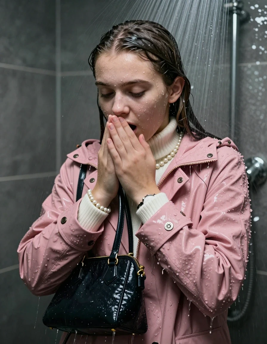 photo of young woman, in soaking wet, drenched clothes,
, , Pink woolen Wintercoat , white knit turtleneck sweater, handbag, pearl necklace, bracelet, wristwatch, Under the shower, strong jet of water, party room, 
enjoying, wet clothes stuck to body,
detailed textures of the wet clothes, wet face, wet plastered hair,
wet, drenched, professional, high-quality details, full body view.
sharp focus, ultra-high pixel detail, realistic, high-quality, full colors, incredibly detailed, 4k, 8k, 16k, hyper-realistic, RAW photo, masterpiece, ultra-detailed, professionally color graded, professional photograph, sleek long straight hair

 15 years old  school girl

Only head and shoulders are over the surface visible. Open mouth, closed eyes. Looking down. Hold her hands on her mouth.

The girls wear different clothes.

she is completely underwater up to her neck, surprised and astonished expression. 

her clothing is soaking wet and clinging tightly to her skin, showing heavy wet folds, darkened fabric texture, and deep water-saturated Patches, her clothes are heavy from the water, water runs from her body and her clothes in streams. A lot of water also runs out of her clothes. Her clothes are darkened by the water. Her submerged clothes are good visible under the water.  she soaked her handbag into the water.

close up view, wet skin, wet clothes, wet hair, damp fabric, water runs down the clothes, wet skin, wet clothes, damp fabric. cinematic medium shot, hyper-realistic wetness, high-contrast water sheen, sharp focus, 16k resolution, professional photography, realistic water physics., wet skin, wet clothes, damp fabric, wet skin, wet clothes, damp fabric, wet skin, wet clothes, damp fabric