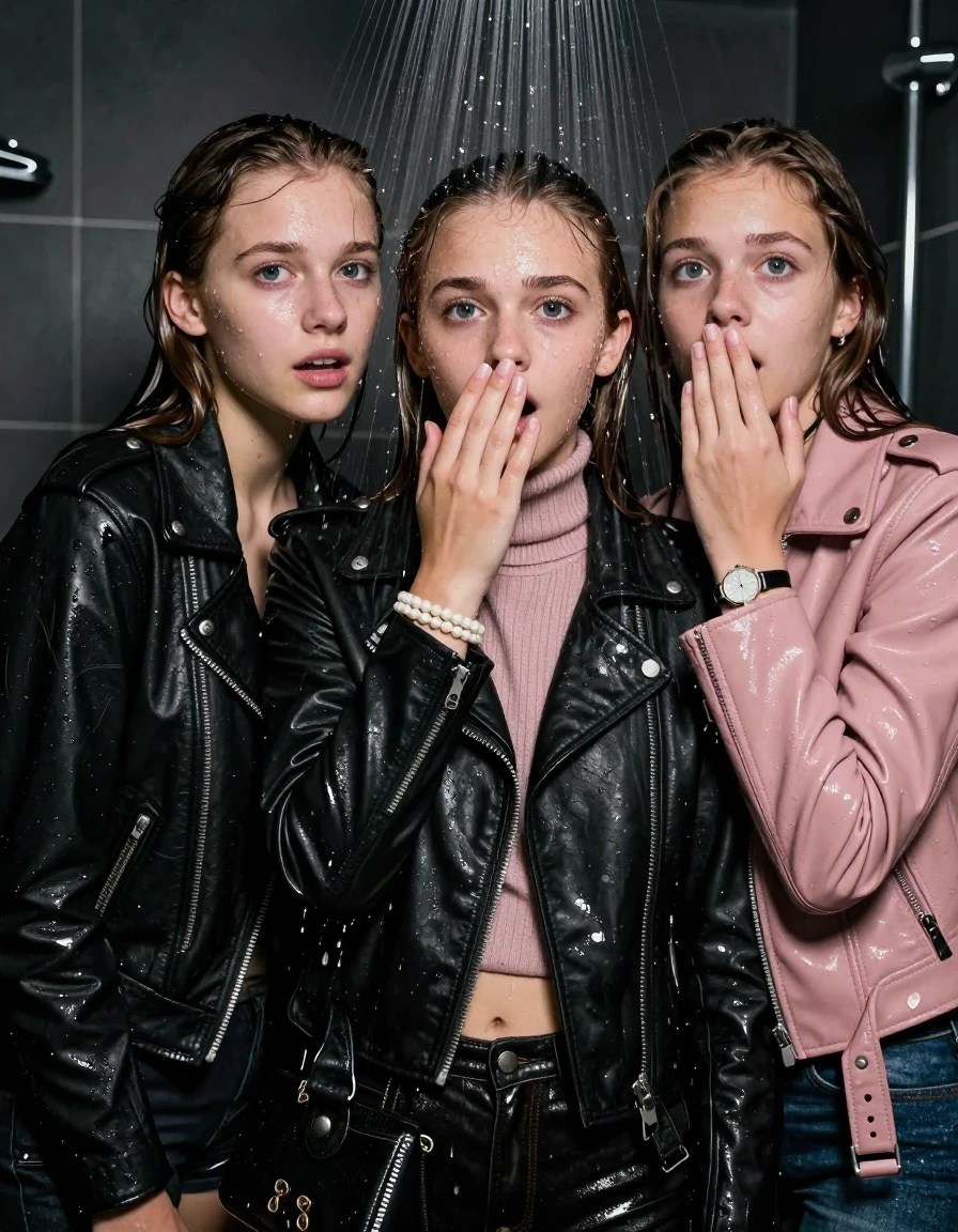 photo of young woman, in soaking wet, drenched clothes,
, , Black Biker leatherjacket and light pink leatherjacket, knit turtleneck sweater belly free, handbag, pearl necklace, bracelet, wristwatch, Under the shower, strong jet of water, party room, 
enjoying, wet clothes stuck to body,
detailed textures of the wet clothes, wet face, wet plastered hair,
wet, drenched, professional, high-quality details, full body view.
sharp focus, ultra-high pixel detail, realistic, high-quality, full colors, incredibly detailed, 4k, 8k, 16k, hyper-realistic, RAW photo, masterpiece, ultra-detailed, professionally color graded, professional photograph, sleek long straight hair and Sleek topknot

 two 15 years old  teenage girls

Only head and shoulders are over the surface visible. Open mouth, big eyes. Looking at camera. Hold her hand in front of her nose.

The girls wear different clothes.

she is completely underwater up to her neck, afraid and astonished expression. 

her clothing is soaking wet and clinging tightly to her skin, showing heavy wet folds, darkened fabric texture, and deep water-saturated Patches, her clothes are heavy from the water, water runs from her body and her clothes in streams. A lot of water also runs out of her clothes. Her clothes are darkened by the water. Her submerged clothes are good visible under the water.  she soaked her handbag into the water.

close up view, wet skin, wet clothes, wet hair, damp fabric, water runs down the clothes, wet skin, wet clothes, damp fabric. cinematic medium shot, hyper-realistic wetness, high-contrast water sheen, sharp focus, 16k resolution, professional photography, realistic water physics., wet skin, wet clothes, damp fabric, wet skin, wet clothes, damp fabric, wet skin, wet clothes, damp fabric, wet skin, wet clothes, damp fabric, wet skin, wet clothes, damp fabric