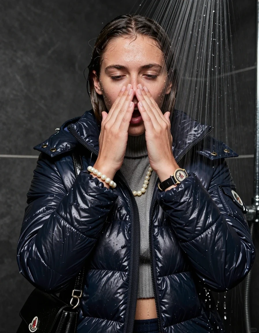 photo of young woman, in soaking wet, drenched clothes,
, , moncler shiny puffer down jacket, knit turtleneck sweater belly free, handbag, pearl necklace, bracelet, wristwatch, Under the shower, strong jet of water, party shower, 
enjoying, wet clothes stuck to body,
detailed textures of the wet clothes, wet face, wet plastered hair,
wet, drenched, professional, high-quality details, full body view.
sharp focus, ultra-high pixel detail, realistic, high-quality, full colors, incredibly detailed, 4k, 8k, 16k, hyper-realistic, RAW photo, masterpiece, ultra-detailed, professionally color graded, professional photograph, sleek long straight hair

 15 years old  teenage girl

Only head and shoulders are over the surface visible. Looking at camera. Hold her hand in front of her nose. open mouth, closed eyes.

The girls wear different clothes.

she is completely underwater up to her neck, shocked and embarrassed expression. 

her clothing is soaking wet and clinging tightly to her skin, showing heavy wet folds, darkened fabric texture, and deep water-saturated Patches, her clothes are heavy from the water, water runs from her body and her clothes in streams. A lot of water also runs out of her clothes. Her clothes are darkened by the water. Her submerged clothes are good visible under the water.  she soaked her handbag into the water.

close up view, wet skin, wet clothes, wet hair, damp fabric, water runs down the clothes, wet skin, wet clothes, damp fabric. cinematic medium shot, hyper-realistic wetness, high-contrast water sheen, sharp focus, 8k resolution, professional photography, realistic water physics., wet skin, wet clothes, damp fabric, wet skin, wet clothes, damp fabric, wet skin, wet clothes, damp fabric