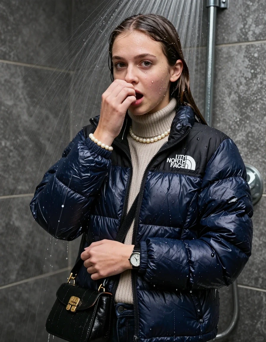 photo of young woman, in soaking wet, drenched clothes,
, , north face puffer down jacket, knit turtleneck sweater belly free, handbag, pearl necklace, bracelet, wristwatch, Under the shower, strong jet of water, party shower, 
enjoying, wet clothes stuck to body,
detailed textures of the wet clothes, wet face, wet plastered hair,
wet, drenched, professional, high-quality details, full body view.
sharp focus, ultra-high pixel detail, realistic, high-quality, full colors, incredibly detailed, 4k, 8k, 16k, hyper-realistic, RAW photo, masterpiece, ultra-detailed, professionally color graded, professional photograph, sleek long straight hair

 15 years old  teenage girl

Only head and shoulders are over the surface visible. Looking at camera. Hold her hand in front of her nose. 

The girls wear different clothes.

she is completely underwater up to her neck, shocked and embarrassed expression. 

her clothing is soaking wet and clinging tightly to her skin, showing heavy wet folds, darkened fabric texture, and deep water-saturated Patches, her clothes are heavy from the water, water runs from her body and her clothes in streams. A lot of water also runs out of her clothes. Her clothes are darkened by the water. Her submerged clothes are good visible under the water.  she soaked her handbag into the water.

close up view, wet skin, wet clothes, wet hair, damp fabric, water runs down the clothes, wet skin, wet clothes, damp fabric. cinematic medium shot, hyper-realistic wetness, high-contrast water sheen, sharp focus, 8k resolution, professional photography, realistic water physics., wet skin, wet clothes, damp fabric, wet skin, wet clothes, damp fabric, wet skin, wet clothes, damp fabric
