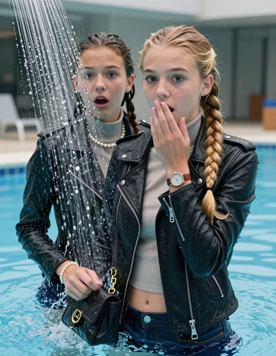 photo of young woman, in soaking wet, drenched clothes,
, , Biker leatherjacket, Tight knit turtleneck sweater belly free, handbag, pearl necklace, bracelet, wristwatch, Under the pool shower, strong jet of water, swimming pool, 
enjoying, wet clothes stuck to body,
detailed textures of the wet clothes, wet face, wet plastered hair,
wet, drenched, professional, high-quality details, full body view.
sharp focus, ultra-high pixel detail, realistic, high-quality, full colors, incredibly detailed, 4k, 8k, 16k, hyper-realistic, RAW photo, masterpiece, ultra-detailed, professionally color graded, professional photograph, blonde sleek long twisted ponytail

Two 15 years old  teenage girl

Only head and shoulders are over the surface visible. Open mouth, big eyes. Looking at camera. Hold her hand in front of her mouth.

The girls wear different clothes.

she is completely underwater up to her neck, surprised and astonished expression. 

her submerged clothes are hardly vusible under water, she soaked her handbag into the water

close up view, wet skin, wet clothes, wet hair, damp fabric, water runs down the clothes, wet skin, wet clothes, damp fabric., wet skin, wet clothes, damp fabric, wet skin, wet clothes, damp fabric, wet skin, wet clothes, damp fabric, wet skin, wet clothes, damp fabric, wet skin, wet clothes, damp fabric, wet skin, wet clothes, damp fabric, wet skin, wet clothes, damp fabric, wet skin, wet clothes, damp fabric, wet skin, wet clothes, damp fabric
