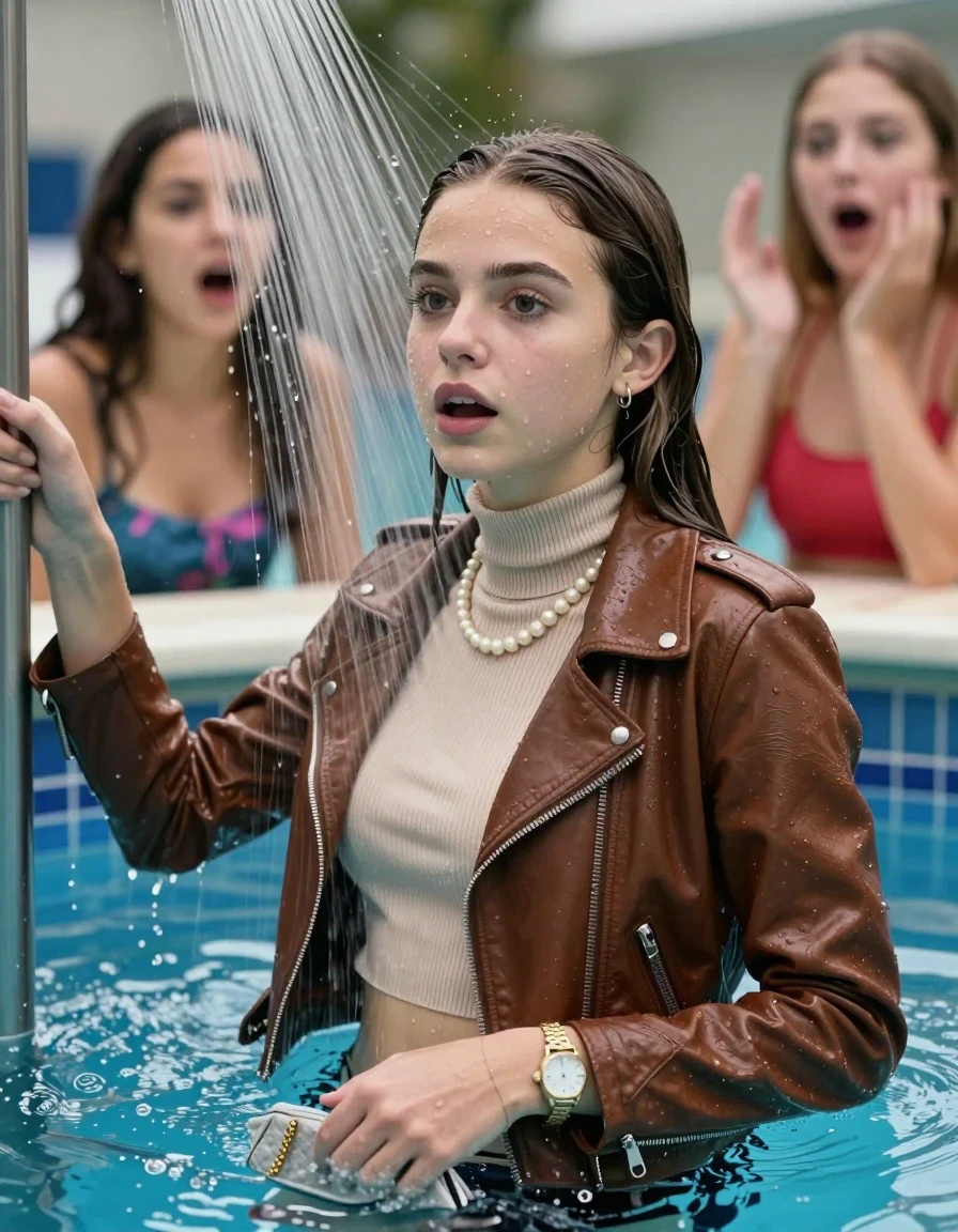 photo of young woman, in soaking wet, drenched clothes,
, , Biker leatherjacket, Tight knit turtleneck sweater belly free, handbag, pearl necklace, bracelet, wristwatch, relaxing Under the pool shower, strong jet of water, indoor swimming pool, pool party, her different clothed friends watching her shocked from the edge, 
enjoying, wet clothes stuck to body,
detailed textures of the wet clothes, wet face, wet plastered hair,
wet, drenched, professional, high-quality details, full body view.
sharp focus, ultra-high pixel detail, realistic, high-quality, full colors, incredibly detailed, 4k, 8k, 16k, hyper-realistic, RAW photo, masterpiece, ultra-detailed, professionally color graded, professional photograph, sleek long straight hair

Two 15 years old  teenage girl

Only head and shoulders are over the surface visible. 

The girls wear different clothes.

she is completely underwater up to her neck, surprised and astonished expression. 

her submerged clothes are hardly vusible under water, she soaked her handbag into the water

close up view, wet skin, wet clothes, wet hair, damp fabric, water runs down the clothes, wet skin, wet clothes, damp fabric., wet skin, wet clothes, damp fabric, wet skin, wet clothes, damp fabric, wet skin, wet clothes, damp fabric, wet skin, wet clothes, damp fabric, wet skin, wet clothes, damp fabric, wet skin, wet clothes, damp fabric, wet skin, wet clothes, damp fabric, wet skin, wet clothes, damp fabric, wet skin, wet clothes, damp fabric