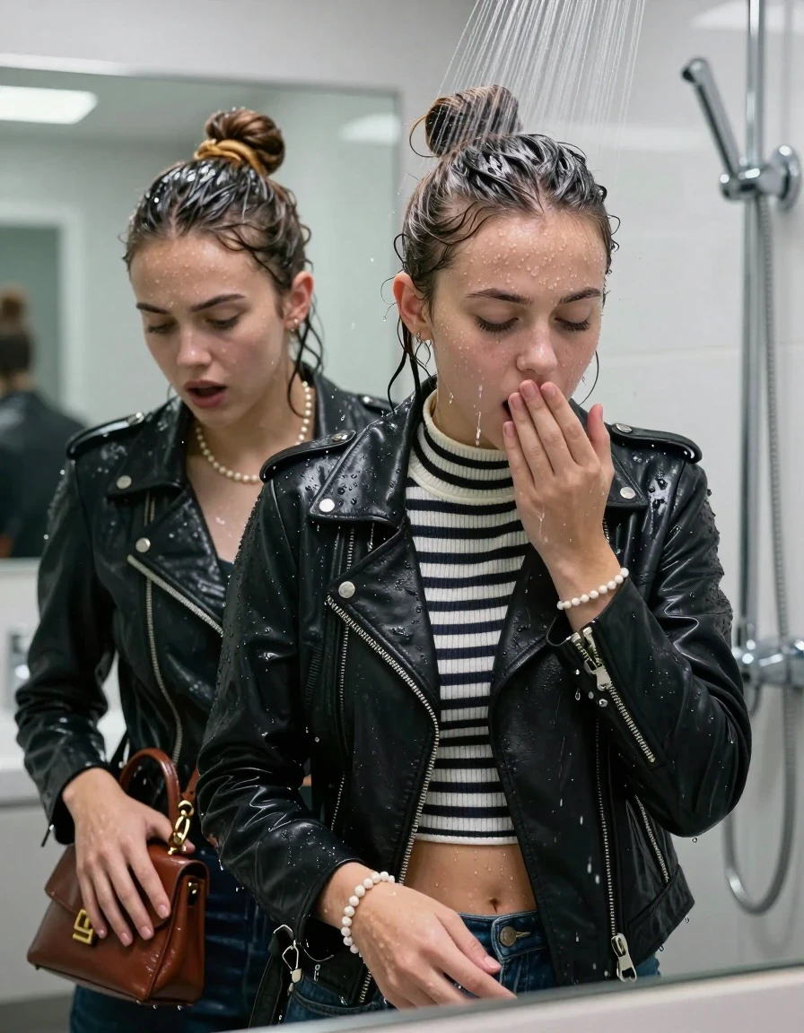 photo of young woman, in soaking wet, drenched clothes,
, , Biker leatherjacket, Tight Striped knit turtleneck sweater belly free, handbag, pearl necklace, bracelet, wristwatch, Under the shower, strong jet of water, modern mirrored bathroom, 
enjoying, wet clothes stuck to body,
detailed textures of the wet clothes, wet face, wet plastered hair,
wet, drenched, professional, high-quality details, full body view.
sharp focus, ultra-high pixel detail, realistic, high-quality, full colors, incredibly detailed, 4k, 8k, 16k, hyper-realistic, RAW photo, masterpiece, ultra-detailed, professionally color graded, professional photograph, Topknot

Two 15 years old  teenage girl

Only head and shoulders are over the surface visible. Open mouth, closed eyes. Looking down. Hold a hand on her mouth.

she is completely underwater up to her neck, afraid and astonished expression. 

her submerged clothes are hardly vusible under water, she soaked her handbag into the water

close up view, wet skin, wet clothes, wet hair, damp fabric, water runs down the clothes, wet skin, wet clothes, damp fabric., wet skin, wet clothes, damp fabric, wet skin, wet clothes, damp fabric, wet skin, wet clothes, damp fabric, wet skin, wet clothes, damp fabric, wet skin, wet clothes, damp fabric, wet skin, wet clothes, damp fabric, wet skin, wet clothes, damp fabric, wet skin, wet clothes, damp fabric, wet skin, wet clothes, damp fabric