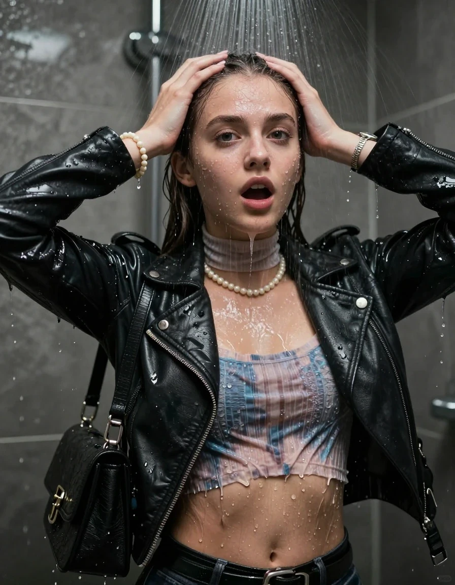 photo of young woman, in soaking wet, drenched clothes,
, , Biker leatherjacket, Tight knit turtleneck sweater belly free, handbag, pearl necklace, bracelet, wristwatch, Under the shower, strong jet of water, party room, 
enjoying, wet clothes stuck to body,
detailed textures of the wet clothes, wet face, wet plastered hair,
wet, drenched, professional, high-quality details, full body view.
sharp focus, ultra-high pixel detail, realistic, high-quality, full colors, incredibly detailed, 4k, 8k, 16k, hyper-realistic, RAW photo, masterpiece, ultra-detailed, professionally color graded, professional photograph, sleek long straight hair

 15 years old  teenage girl

Only head and shoulders are over the surface visible. Open mouth, big eyes. Looking at camera. Hold her hands on her forehead.

The girls wear different clothes.

she is completely underwater up to her neck, shocked and astonished expression. 

her clothing is soaking wet and clinging tightly to her skin, showing heavy wet folds, darkened fabric texture, and deep water-saturated Patches, her clothes are heavy from the water, water runs from her body and her clothes in streams. A lot of water also runs out of her clothes. Her clothes are darkened by the water. Her submerged clothes are good visible under the water.  she soaked her handbag into the water.

close up view, wet skin, wet clothes, wet hair, damp fabric, water runs down the clothes, wet skin, wet clothes, damp fabric. cinematic medium shot, hyper-realistic wetness, high-contrast water sheen, sharp focus, 8k resolution, professional photography, realistic water physics., wet skin, wet clothes, damp fabric, wet skin, wet clothes, damp fabric