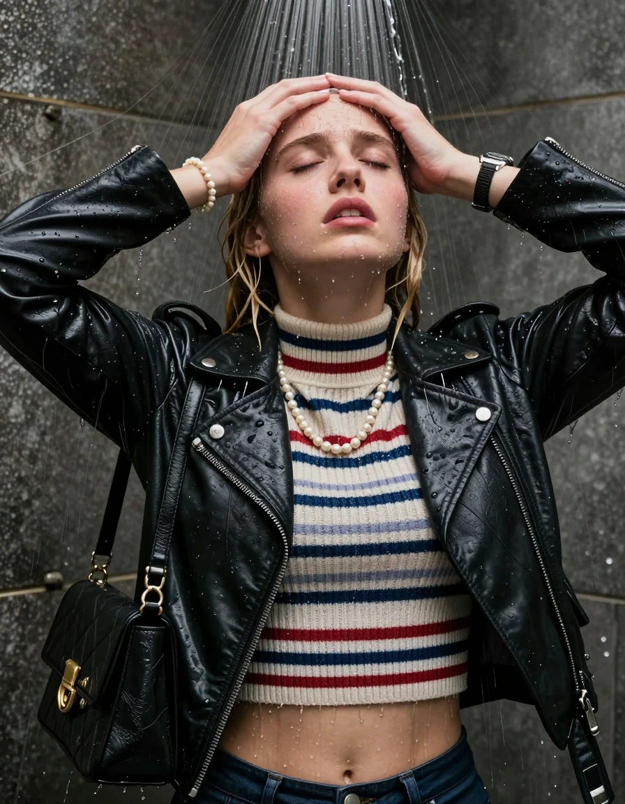 photo of young woman, in soaking wet, drenched clothes,
, , Biker leatherjacket, striped knit turtleneck sweater belly free, handbag, pearl necklace, bracelet, wristwatch, Under the shower, strong jet of water, party shower, 
enjoying, wet clothes stuck to body,
detailed textures of the wet clothes, wet face, wet plastered hair,
wet, drenched, professional, high-quality details, full body view.
sharp focus, ultra-high pixel detail, realistic, high-quality, full colors, incredibly detailed, 4k, 8k, 16k, hyper-realistic, RAW photo, masterpiece, ultra-detailed, professionally color graded, professional photograph, blonde pigtails

 15 years old  teenage girl

Only head and shoulders are over the surface visible. Looking up. Hold her hands over her forehead. closed eyes.

The girls wear different clothes.

she is completely underwater up to her neck, afraid and embarrassed expression. 

her clothing is soaking wet and clinging tightly to her skin, showing heavy wet folds, darkened fabric texture, and deep water-saturated Patches, her clothes are heavy from the water, water runs from her body and her clothes in streams. A lot of water also runs out of her clothes. Her clothes are darkened by the water. Her submerged clothes are good visible under the water.  she soaked her handbag into the water.

close up view, wet skin, wet clothes, wet hair, damp fabric, water runs down the clothes, wet skin, wet clothes, damp fabric. cinematic medium shot, hyper-realistic wetness, high-contrast water sheen, sharp focus, 8k resolution, professional photography, realistic water physics., wet skin, wet clothes, damp fabric, wet skin, wet clothes, damp fabric, wet skin, wet clothes, damp fabric