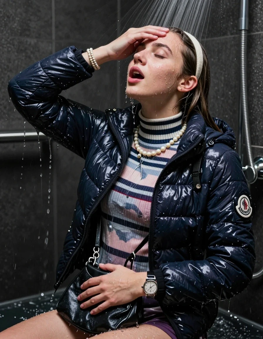 photo of young woman, in soaking wet, drenched clothes,
, , Moncler shiny puffer down jacket, tight striped knit turtleneck sweater, shoulderbag, pearl necklace, bracelet, wristwatch, Masturbate Under the shower, strong jet of water, party room, 
enjoying, wet clothes stuck to body,
detailed textures of the wet clothes, wet face, wet plastered hair,
wet, drenched, professional, high-quality details, full body view.
sharp focus, ultra-high pixel detail, realistic, high-quality, full colors, incredibly detailed, 4k, 8k, 16k, hyper-realistic, RAW photo, masterpiece, ultra-detailed, professionally color graded, professional photograph, sleek long straight hair with hairband 

 15 years old  school girl

Only head and shoulders are over the surface visible. Open mouth, closed eyes. Looking up. She masturbate with one hand between her legs and hold the other hand over her forehead. has an orgasm.

The girls wear different clothes.

she is completely underwater up to her neck, surprised and astonished expression. 

her clothing is soaking wet and clinging tightly to her skin, showing heavy wet folds, darkened fabric texture, and deep water-saturated Patches, her clothes are heavy from the water, water runs from her body and her clothes in streams. A lot of water also runs out of her clothes. Her clothes are darkened by the water. Her submerged clothes are good visible under the water.  she soaked her handbag into the water.

close up view, wet skin, wet clothes, wet hair, damp fabric, water runs down the clothes, wet skin, wet clothes, damp fabric. cinematic medium shot, hyper-realistic wetness, high-contrast water sheen, sharp focus, 16k resolution, professional photography, realistic water physics., wet skin, wet clothes, damp fabric, wet skin, wet clothes, damp fabric, wet skin, wet clothes, damp fabric, wet skin, wet clothes, damp fabric