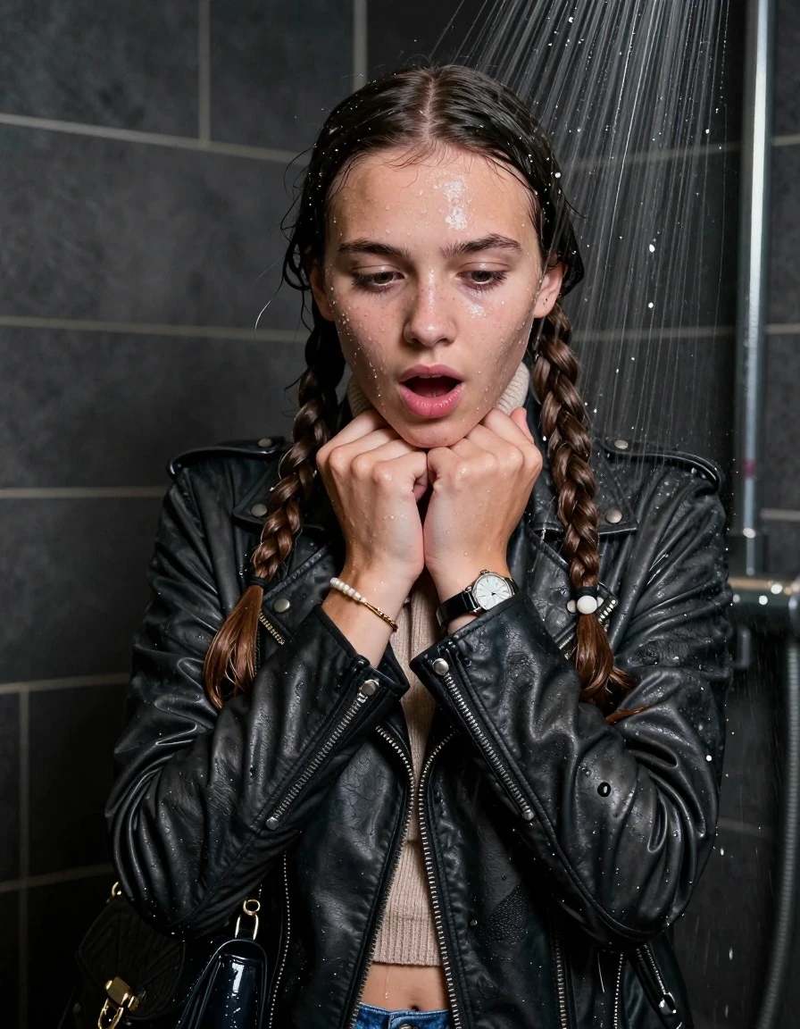 photo of young woman, in soaking wet, drenched clothes,
, , Biker leatherjacket, knit turtleneck sweater belly free, handbag, pearl necklace, bracelet, wristwatch, Under the shower, strong jet of water, party room, 
enjoying, wet clothes stuck to body,
detailed textures of the wet clothes, wet face, wet plastered hair,
wet, drenched, professional, high-quality details, full body view.
sharp focus, ultra-high pixel detail, realistic, high-quality, full colors, incredibly detailed, 4k, 8k, 16k, hyper-realistic, RAW photo, masterpiece, ultra-detailed, professionally color graded, professional photograph, Two long braids 

 15 years old  school girl

Only head and shoulders are over the surface visible. Open mouth, big eyes. Looking down. Hold her hands on her chin.

The girls wear different clothes.

she is completely underwater up to her neck, surprised and astonished expression. 

her clothing is soaking wet and clinging tightly to her skin, showing heavy wet folds, darkened fabric texture, and deep water-saturated Patches, her clothes are heavy from the water, water runs from her body and her clothes in streams. A lot of water also runs out of her clothes. Her clothes are darkened by the water. Her submerged clothes are good visible under the water.  she soaked her handbag into the water.

close up view, wet skin, wet clothes, wet hair, damp fabric, water runs down the clothes, wet skin, wet clothes, damp fabric. cinematic medium shot, hyper-realistic wetness, high-contrast water sheen, sharp focus, 16k resolution, professional photography, realistic water physics., wet skin, wet clothes, damp fabric, wet skin, wet clothes, damp fabric, wet skin, wet clothes, damp fabric, wet skin, wet clothes, damp fabric