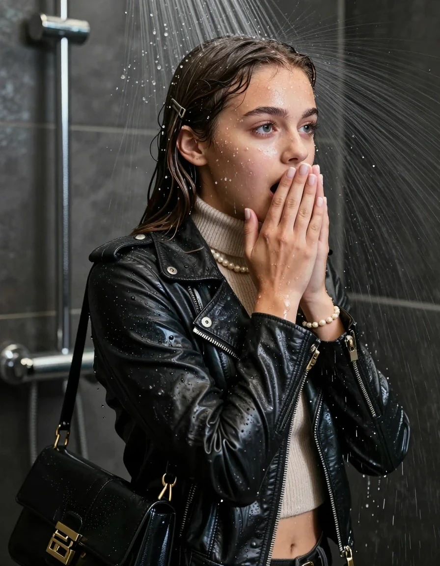 photo of young woman, in soaking wet, drenched clothes,
, , biker leatherjacket, knit turtleneck sweater belly free, handbag, pearl necklace, bracelet, wristwatch, french nails, Back view: Under the shower, strong jet of water, party shower, 
enjoying, wet clothes stuck to body,
detailed textures of the wet clothes, wet face, wet plastered hair,
wet, drenched, professional, high-quality details, full body view.
sharp focus, ultra-high pixel detail, realistic, high-quality, full colors, incredibly detailed, 4k, 8k, 16k, hyper-realistic, RAW photo, masterpiece, ultra-detailed, professionally color graded, professional photograph, sleek long straight hair, hair clip

 15 years old  teenage girl

Only head and shoulders are over the surface visible. Looking slightly away, eyes look at camera. The water splashes directly into her face. Hold her hands over her mouth.  open mouth, big eyes.

The girls wear different clothes.

she is completely underwater up to her neck, shocked and embarrassed expression. 

her clothing is soaking wet and clinging tightly to her skin, showing heavy wet folds, darkened fabric texture, and deep water-saturated Patches, her clothes are heavy from the water, water runs from her body and her clothes in streams. A lot of water also runs out of her clothes. Her clothes are darkened by the water. Her submerged clothes are good visible under the water.  she soaked her handbag into the water.

close up view, wet skin, wet clothes, wet hair, damp fabric, water runs down the clothes, wet skin, wet clothes, damp fabric. cinematic medium shot, hyper-realistic wetness, high-contrast water sheen, sharp focus, 16k resolution, professional photography, realistic water physics., wet skin, wet clothes, damp fabric, wet skin, wet clothes, damp fabric, wet skin, wet clothes, damp fabric