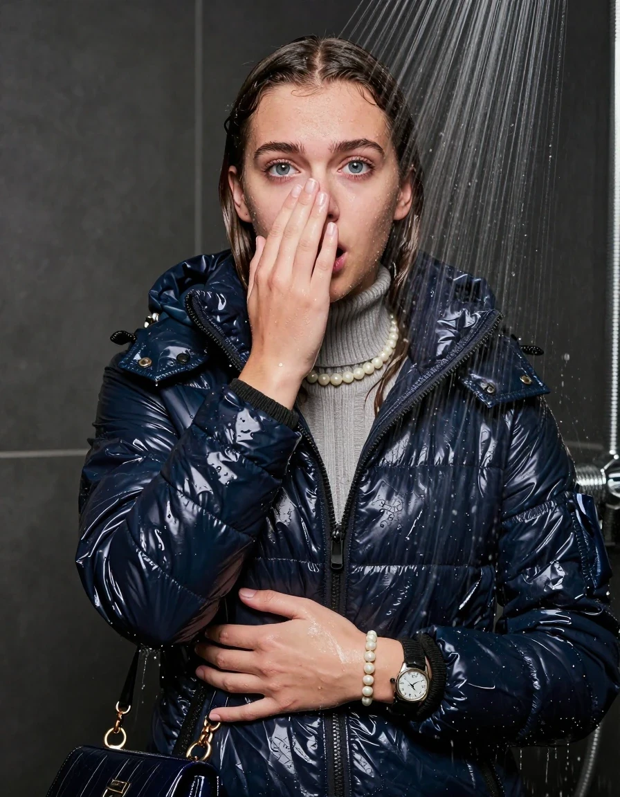 photo of young woman, in soaking wet, drenched clothes,
, , moncler shiny puffer down jacket, knit turtleneck sweater belly free, handbag, pearl necklace, bracelet, wristwatch, Under the shower, strong jet of water, party shower, 
enjoying, wet clothes stuck to body,
detailed textures of the wet clothes, wet face, wet plastered hair,
wet, drenched, professional, high-quality details, full body view.
sharp focus, ultra-high pixel detail, realistic, high-quality, full colors, incredibly detailed, 4k, 8k, 16k, hyper-realistic, RAW photo, masterpiece, ultra-detailed, professionally color graded, professional photograph, sleek long straight hair

 15 years old  teenage girl

Only head and shoulders are over the surface visible. Looking at camera. Hold her hand in front of her nose. 

The girls wear different clothes.

she is completely underwater up to her neck, shocked and embarrassed expression. 

her clothing is soaking wet and clinging tightly to her skin, showing heavy wet folds, darkened fabric texture, and deep water-saturated Patches, her clothes are heavy from the water, water runs from her body and her clothes in streams. A lot of water also runs out of her clothes. Her clothes are darkened by the water. Her submerged clothes are good visible under the water.  she soaked her handbag into the water.

close up view, wet skin, wet clothes, wet hair, damp fabric, water runs down the clothes, wet skin, wet clothes, damp fabric. cinematic medium shot, hyper-realistic wetness, high-contrast water sheen, sharp focus, 8k resolution, professional photography, realistic water physics., wet skin, wet clothes, damp fabric, wet skin, wet clothes, damp fabric, wet skin, wet clothes, damp fabric