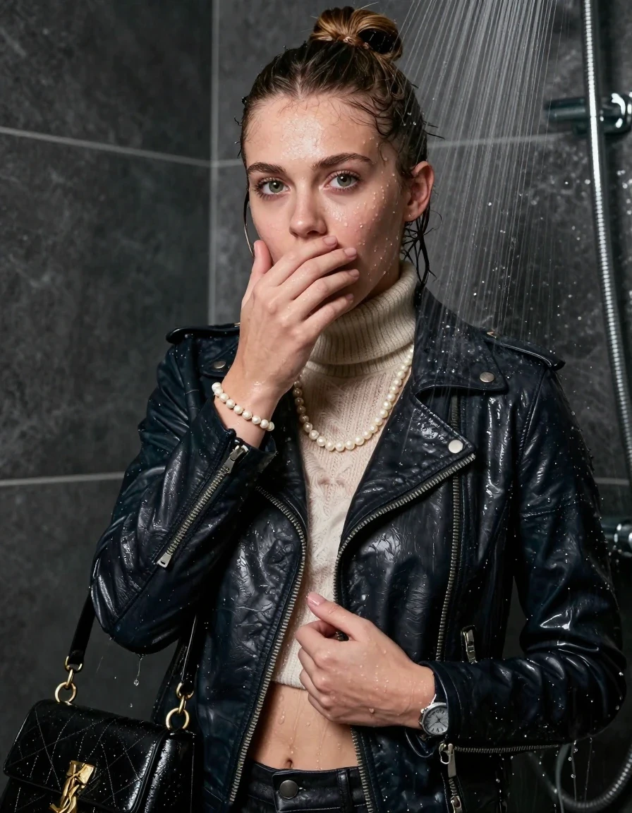 photo of young woman, in soaking wet, drenched clothes,
, , Biker leatherjacket, knit turtleneck sweater belly free, handbag, pearl necklace, bracelet, wristwatch, Under the shower, strong jet of water, party room, 
enjoying, wet clothes stuck to body,
detailed textures of the wet clothes, wet face, wet plastered hair,
wet, drenched, professional, high-quality details, full body view.
sharp focus, ultra-high pixel detail, realistic, high-quality, full colors, incredibly detailed, 4k, 8k, 16k, hyper-realistic, RAW photo, masterpiece, ultra-detailed, professionally color graded, professional photograph, topknot

 15 years old  teenage girl

Only head and shoulders are over the surface visible. Looking at camera. Hold her hand over her mouth.

The girls wear different clothes.

she is completely underwater up to her neck, afraid and astonished expression. 

her clothing is soaking wet and clinging tightly to her skin, showing heavy wet folds, darkened fabric texture, and deep water-saturated Patches, her clothes are heavy from the water, water runs from her body and her clothes in streams. A lot of water also runs out of her clothes. Her clothes are darkened by the water. Her submerged clothes are good visible under the water.  she soaked her handbag into the water.

close up view, wet skin, wet clothes, wet hair, damp fabric, water runs down the clothes, wet skin, wet clothes, damp fabric. cinematic medium shot, hyper-realistic wetness, high-contrast water sheen, sharp focus, 8k resolution, professional photography, realistic water physics., wet skin, wet clothes, damp fabric, wet skin, wet clothes, damp fabric