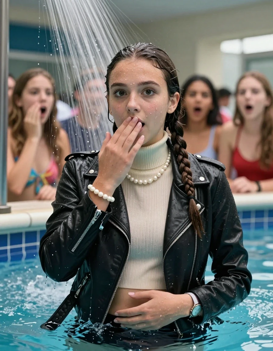 photo of young woman, in soaking wet, drenched clothes,
, , Biker leatherjacket, Tight knit turtleneck sweater belly free, handbag, pearl necklace, bracelet, wristwatch, Under the pool shower, strong jet of water, indoor swimming pool, pool party, shocked friends watching her from the edge, 
enjoying, wet clothes stuck to body,
detailed textures of the wet clothes, wet face, wet plastered hair,
wet, drenched, professional, high-quality details, full body view.
sharp focus, ultra-high pixel detail, realistic, high-quality, full colors, incredibly detailed, 4k, 8k, 16k, hyper-realistic, RAW photo, masterpiece, ultra-detailed, professionally color graded, professional photograph, sleek long twisted ponytail

Two 15 years old  teenage girl

Only head and shoulders are over the surface visible. Open mouth, big eyes. Looking at camera. Hold her hand on her mouth.

The girls wear different clothes.

she is completely underwater up to her neck, surprised and astonished expression. 

her submerged clothes are hardly vusible under water, she soaked her handbag into the water

close up view, wet skin, wet clothes, wet hair, damp fabric, water runs down the clothes, wet skin, wet clothes, damp fabric., wet skin, wet clothes, damp fabric, wet skin, wet clothes, damp fabric, wet skin, wet clothes, damp fabric, wet skin, wet clothes, damp fabric, wet skin, wet clothes, damp fabric, wet skin, wet clothes, damp fabric, wet skin, wet clothes, damp fabric, wet skin, wet clothes, damp fabric, wet skin, wet clothes, damp fabric