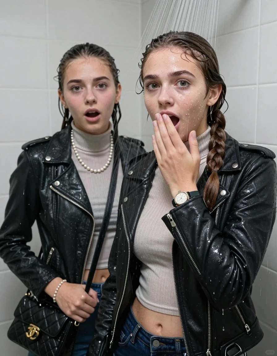 photo of young woman, in soaking wet, drenched clothes,
, , Biker leatherjacket, Tight knit turtleneck sweater belly free, handbag, pearl necklace, bracelet, wristwatch, Under the shower, strong jet of water, lokker room, 
enjoying, wet clothes stuck to body,
detailed textures of the wet clothes, wet face, wet plastered hair,
wet, drenched, professional, high-quality details, full body view.
sharp focus, ultra-high pixel detail, realistic, high-quality, full colors, incredibly detailed, 4k, 8k, 16k, hyper-realistic, RAW photo, masterpiece, ultra-detailed, professionally color graded, professional photograph, sleek long twisted ponytail

Two 15 years old  teenage girl

Only head and shoulders are over the surface visible. Open mouth, big eyes. Looking at camera. Hold her hand in front of her mouth.

The girls wear different clothes.

she is completely underwater up to her neck, surprised and astonished expression. 

her submerged clothes are hardly vusible under water, she soaked her handbag into the water

close up view, wet skin, wet clothes, wet hair, damp fabric, water runs down the clothes, wet skin, wet clothes, damp fabric., wet skin, wet clothes, damp fabric, wet skin, wet clothes, damp fabric, wet skin, wet clothes, damp fabric, wet skin, wet clothes, damp fabric, wet skin, wet clothes, damp fabric, wet skin, wet clothes, damp fabric, wet skin, wet clothes, damp fabric, wet skin, wet clothes, damp fabric, wet skin, wet clothes, damp fabric, wet skin, wet clothes, damp fabric