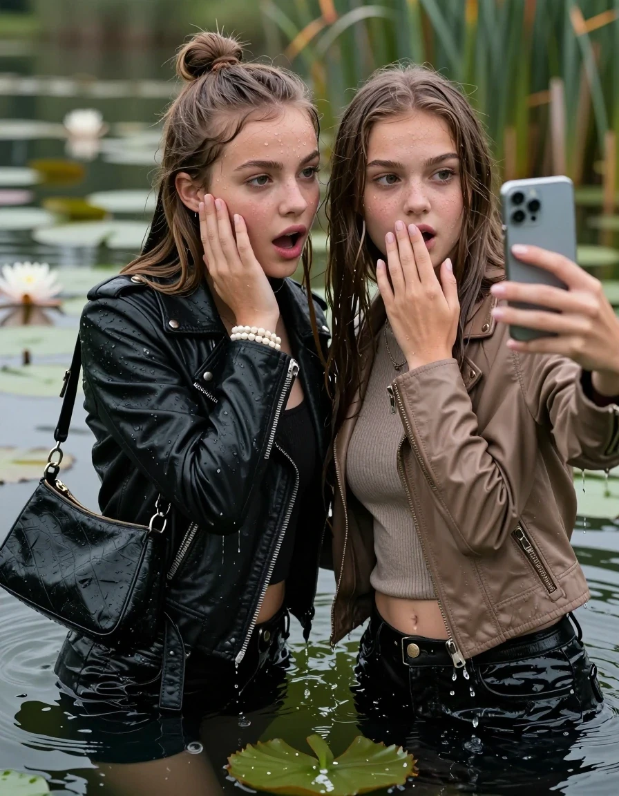photo of young woman, in soaking wet, drenched clothes,
, , Black Biker leatherjacket and light brown leatherjacket, tight knit turtleneck sweater belly free, handbag, pearl necklace, bracelet, wristwatch, Emerging after diving in a lake with water lilies and reeds, 
enjoying, wet clothes stuck to body,
detailed textures of the wet clothes, wet face, wet plastered hair,
wet, drenched, professional, high-quality details, full body view.
sharp focus, ultra-high pixel detail, realistic, high-quality, full colors, incredibly detailed, 4k, 8k, 16k, hyper-realistic, RAW photo, masterpiece, ultra-detailed, professionally color graded, professional photograph, sleek long straight hair and topknot

 two 15 years old  teenage girls

Only head and shoulders are over the surface visible. Open mouth, big eyes. Looking at camera. one Hold her hand on her cheek. one hold one hand on her mouth and take with the other hand a selfie with her smartphone.

The girls wear different clothes.

she is completely underwater up to her neck, horny and astonished expression. 

her clothing is soaking wet and clinging tightly to her skin, showing heavy wet folds, darkened fabric texture, and deep water-saturated Patches, her clothes are heavy from the water, water runs from her body and her clothes in streams. A lot of water also runs out of her clothes. Her clothes are darkened by the water. Her submerged clothes are good visible under the water.  she soaked her handbag into the water.

close up view, wet skin, wet clothes, wet hair, damp fabric, water runs down the clothes, wet skin, wet clothes, damp fabric. cinematic medium shot, hyper-realistic wetness, high-contrast water sheen, sharp focus, 16k resolution, professional photography, realistic water physics., wet skin, wet clothes, damp fabric, wet skin, wet clothes, damp fabric, wet skin, wet clothes, damp fabric