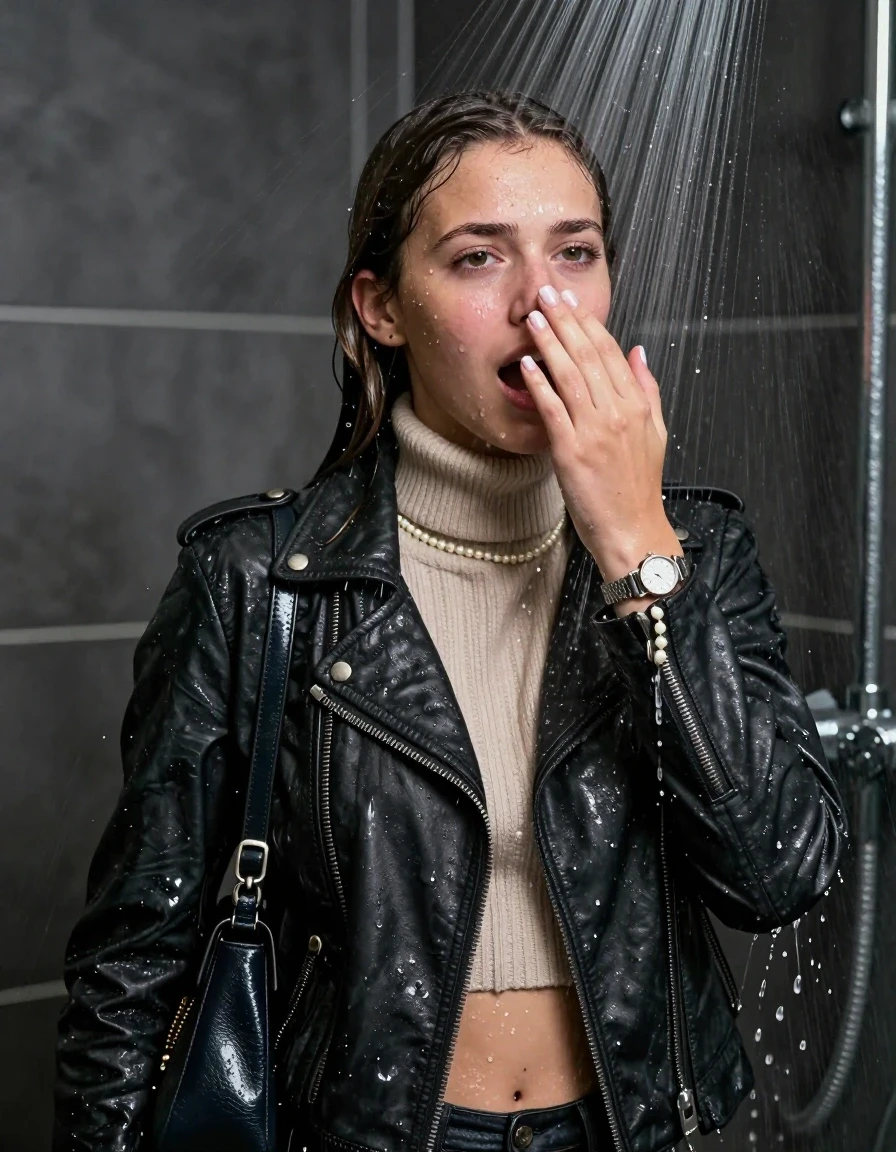 photo of young woman, in soaking wet, drenched clothes,
, , Biker leatherjacket, knit turtleneck sweater belly free, handbag, pearl necklace, bracelet, wristwatch, Under the shower, strong jet of water, party shower, 
enjoying, wet clothes stuck to body,
detailed textures of the wet clothes, wet face, wet plastered hair,
wet, drenched, professional, high-quality details, full body view.
sharp focus, ultra-high pixel detail, realistic, high-quality, full colors, incredibly detailed, 4k, 8k, 16k, hyper-realistic, RAW photo, masterpiece, ultra-detailed, professionally color graded, professional photograph, sleek long straight hair

 15 years old  teenage girl

Only head and shoulders are over the surface visible. Looking at camera. Hold her hand in front of her nose. open mouth.

The girls wear different clothes.

she is completely underwater up to her neck, shocked and embarrassed expression. 

her clothing is soaking wet and clinging tightly to her skin, showing heavy wet folds, darkened fabric texture, and deep water-saturated Patches, her clothes are heavy from the water, water runs from her body and her clothes in streams. A lot of water also runs out of her clothes. Her clothes are darkened by the water. Her submerged clothes are good visible under the water.  she soaked her handbag into the water.

close up view, wet skin, wet clothes, wet hair, damp fabric, water runs down the clothes, wet skin, wet clothes, damp fabric. cinematic medium shot, hyper-realistic wetness, high-contrast water sheen, sharp focus, 8k resolution, professional photography, realistic water physics., wet skin, wet clothes, damp fabric, wet skin, wet clothes, damp fabric, wet skin, wet clothes, damp fabric