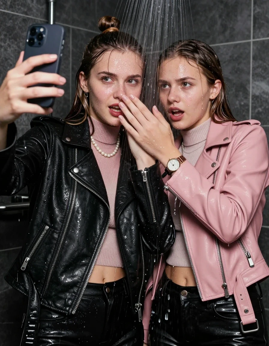 photo of young woman, in soaking wet, drenched clothes,
, , Black Biker leatherjacket and light pink leatherjacket, knit turtleneck sweater belly free, handbag, pearl necklace, bracelet, wristwatch, Under the shower, strong jet of water, party room, 
enjoying, wet clothes stuck to body,
detailed textures of the wet clothes, wet face, wet plastered hair,
wet, drenched, professional, high-quality details, full body view.
sharp focus, ultra-high pixel detail, realistic, high-quality, full colors, incredibly detailed, 4k, 8k, 16k, hyper-realistic, RAW photo, masterpiece, ultra-detailed, professionally color graded, professional photograph, sleek long straight hair and topknot

 two 15 years old  teenage girls

Only head and shoulders are over the surface visible. Looking at camera. Hold her hand in front of her nose. Slightly open mouth, Squinted eyes. one girl take a selfie with her smartphone.

The girls wear different clothes.

she is completely underwater up to her neck, afraid and astonished expression but they grin anyway.

her clothing is soaking wet and clinging tightly to her skin, showing heavy wet folds, darkened fabric texture, and deep water-saturated Patches, her clothes are heavy from the water, water runs from her body and her clothes in streams. A lot of water also runs out of her clothes. Her clothes are darkened by the water. Her submerged clothes are good visible under the water.  she soaked her handbag into the water.

close up view, wet skin, wet clothes, wet hair, damp fabric, water runs down the clothes, wet skin, wet clothes, damp fabric. cinematic medium shot, hyper-realistic wetness, high-contrast water sheen, sharp focus, 16k resolution, professional photography, realistic water physics., wet skin, wet clothes, damp fabric, wet skin, wet clothes, damp fabric, wet skin, wet clothes, damp fabric, wet skin, wet clothes, damp fabric