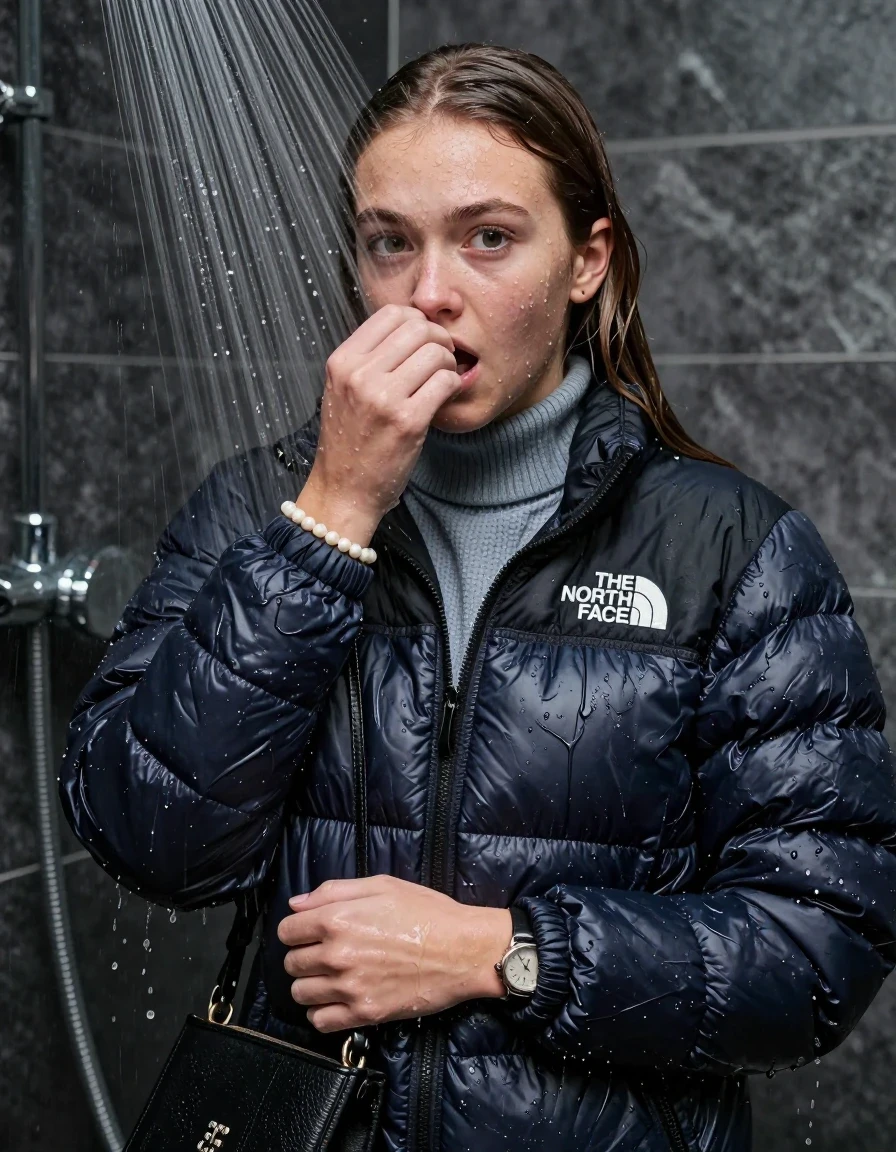 photo of young woman, in soaking wet, drenched clothes,
, , north face puffer down jacket, knit turtleneck sweater belly free, handbag, pearl necklace, bracelet, wristwatch, Under the shower, strong jet of water, party shower, 
enjoying, wet clothes stuck to body,
detailed textures of the wet clothes, wet face, wet plastered hair,
wet, drenched, professional, high-quality details, full body view.
sharp focus, ultra-high pixel detail, realistic, high-quality, full colors, incredibly detailed, 4k, 8k, 16k, hyper-realistic, RAW photo, masterpiece, ultra-detailed, professionally color graded, professional photograph, sleek long straight hair

 15 years old  teenage girl

Only head and shoulders are over the surface visible. Looking at camera. Hold her hand in front of her nose. 

The girls wear different clothes.

she is completely underwater up to her neck, shocked and embarrassed expression. 

her clothing is soaking wet and clinging tightly to her skin, showing heavy wet folds, darkened fabric texture, and deep water-saturated Patches, her clothes are heavy from the water, water runs from her body and her clothes in streams. A lot of water also runs out of her clothes. Her clothes are darkened by the water. Her submerged clothes are good visible under the water.  she soaked her handbag into the water.

close up view, wet skin, wet clothes, wet hair, damp fabric, water runs down the clothes, wet skin, wet clothes, damp fabric. cinematic medium shot, hyper-realistic wetness, high-contrast water sheen, sharp focus, 8k resolution, professional photography, realistic water physics., wet skin, wet clothes, damp fabric, wet skin, wet clothes, damp fabric, wet skin, wet clothes, damp fabric