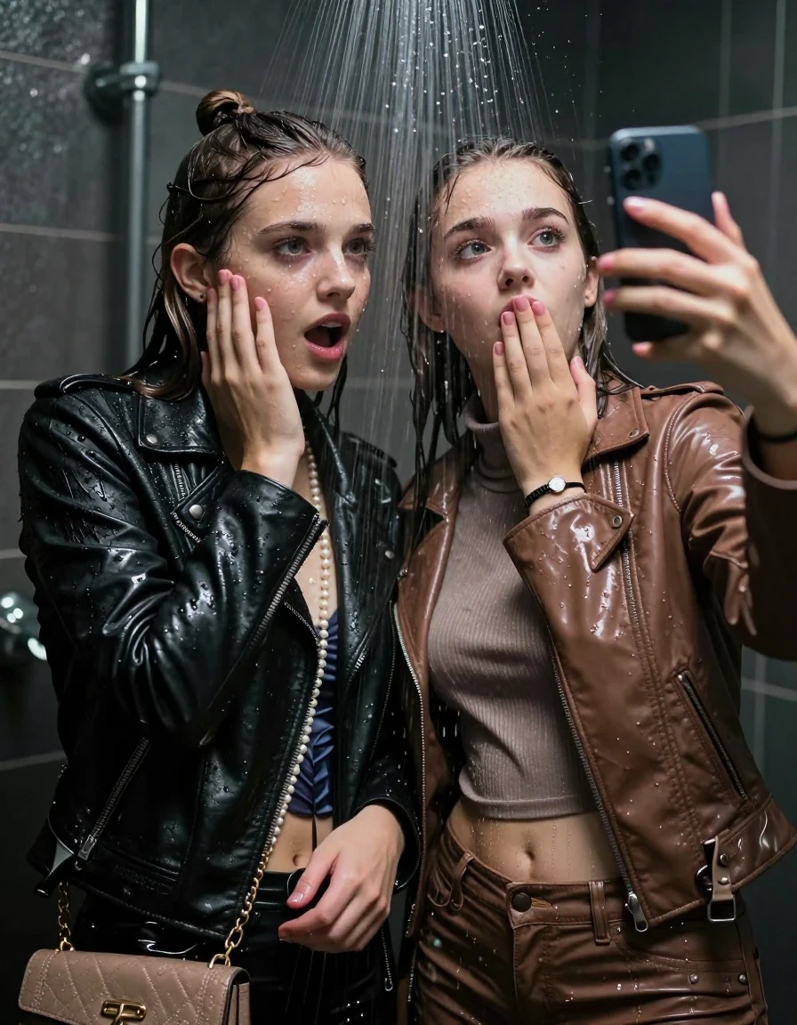 photo of young woman, in soaking wet, drenched clothes,
, , Black Biker leatherjacket and light brown leatherjacket, tight knit turtleneck sweater belly free, handbag, pearl necklace, bracelet, wristwatch, Under the shower, strong jet of water, party room, 
enjoying, wet clothes stuck to body,
detailed textures of the wet clothes, wet face, wet plastered hair,
wet, drenched, professional, high-quality details, full body view.
sharp focus, ultra-high pixel detail, realistic, high-quality, full colors, incredibly detailed, 4k, 8k, 16k, hyper-realistic, RAW photo, masterpiece, ultra-detailed, professionally color graded, professional photograph, sleek long straight hair and topknot

 two 15 years old  teenage girls

Only head and shoulders are over the surface visible. Open mouth, big eyes. Looking at camera. one Hold her hand on her cheek. one hold one hand on her mouth and take with the other hand a selfie with her smartphone.

The girls wear different clothes.

she is completely underwater up to her neck, horny and astonished expression. 

her clothing is soaking wet and clinging tightly to her skin, showing heavy wet folds, darkened fabric texture, and deep water-saturated Patches, her clothes are heavy from the water, water runs from her body and her clothes in streams. A lot of water also runs out of her clothes. Her clothes are darkened by the water. Her submerged clothes are good visible under the water.  she soaked her handbag into the water.

close up view, wet skin, wet clothes, wet hair, damp fabric, water runs down the clothes, wet skin, wet clothes, damp fabric. cinematic medium shot, hyper-realistic wetness, high-contrast water sheen, sharp focus, 16k resolution, professional photography, realistic water physics., wet skin, wet clothes, damp fabric, wet skin, wet clothes, damp fabric, wet skin, wet clothes, damp fabric
