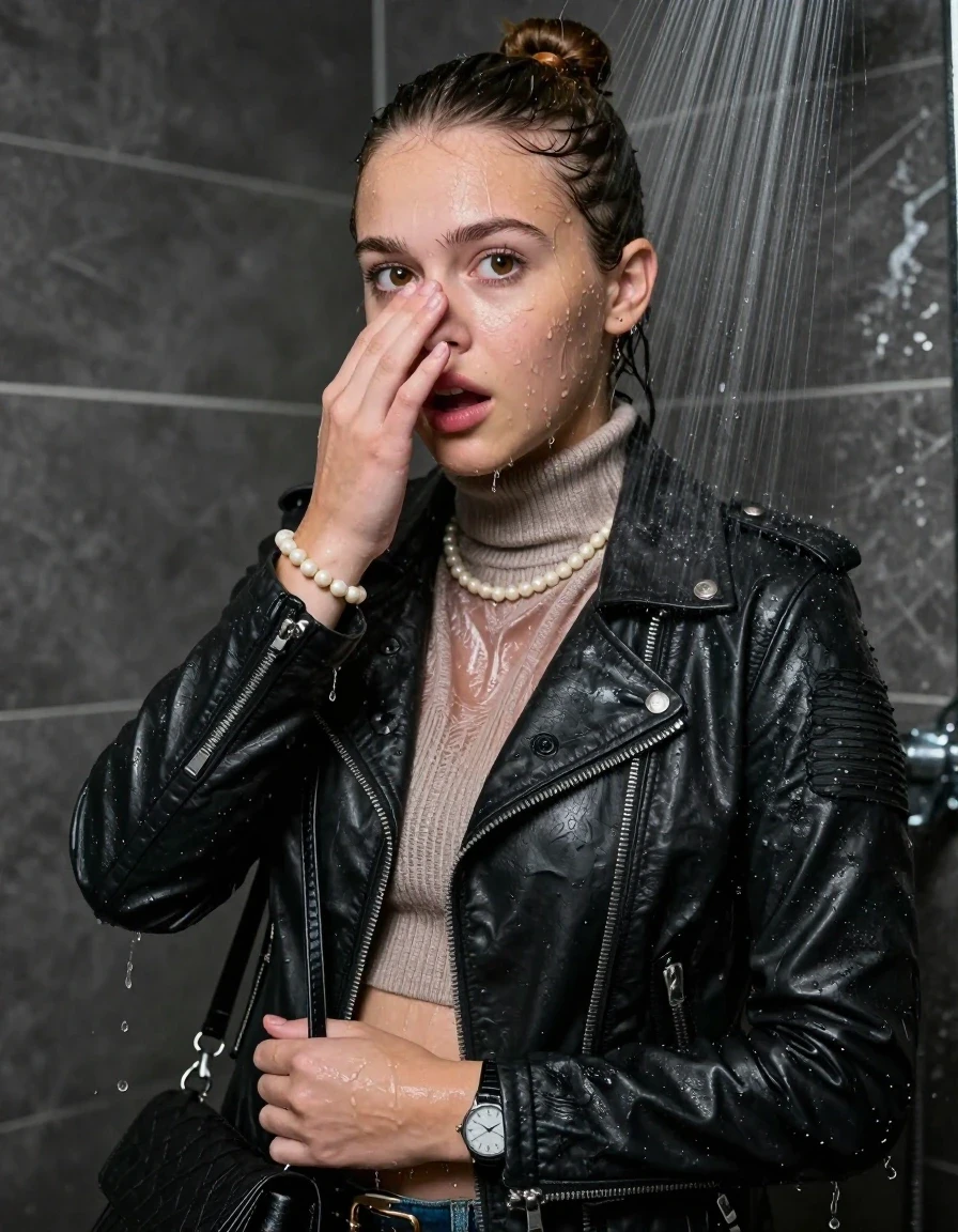 photo of young woman, in soaking wet, drenched clothes,
, , Biker leatherjacket, knit turtleneck sweater belly free, handbag, pearl necklace, bracelet, wristwatch, Under the shower, strong jet of water, party room, 
enjoying, wet clothes stuck to body,
detailed textures of the wet clothes, wet face, wet plastered hair,
wet, drenched, professional, high-quality details, full body view.
sharp focus, ultra-high pixel detail, realistic, high-quality, full colors, incredibly detailed, 4k, 8k, 16k, hyper-realistic, RAW photo, masterpiece, ultra-detailed, professionally color graded, professional photograph, topknot

 15 years old  teenage girl

Only head and shoulders are over the surface visible. Open mouth, big eyes. Looking at camera. Hold her hand in front of her nose.

The girls wear different clothes.

she is completely underwater up to her neck, afraid and astonished expression. 

her clothing is soaking wet and clinging tightly to her skin, showing heavy wet folds, darkened fabric texture, and deep water-saturated Patches, her clothes are heavy from the water, water runs from her body and her clothes in streams. A lot of water also runs out of her clothes. Her clothes are darkened by the water. Her submerged clothes are good visible under the water.  she soaked her handbag into the water.

close up view, wet skin, wet clothes, wet hair, damp fabric, water runs down the clothes, wet skin, wet clothes, damp fabric. cinematic medium shot, hyper-realistic wetness, high-contrast water sheen, sharp focus, 8k resolution, professional photography, realistic water physics., wet skin, wet clothes, damp fabric, wet skin, wet clothes, damp fabric