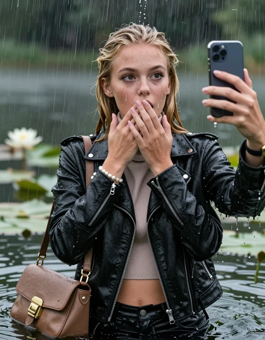 photo of young woman, in soaking wet, drenched clothes,
, , Black Biker leatherjacket and light brown leatherjacket, tight knit turtleneck sweater belly free, handbag, pearl necklace, bracelet, wristwatch, Emerging after diving in a lake with water lilies and reeds, heavy rain falls directely on her heads, 
enjoying, wet clothes stuck to body,
detailed textures of the wet clothes, wet face, wet plastered hair,
wet, drenched, professional, high-quality details, full body view.
sharp focus, ultra-high pixel detail, realistic, high-quality, full colors, incredibly detailed, 4k, 8k, 16k, hyper-realistic, RAW photo, masterpiece, ultra-detailed, professionally color graded, professional photograph, blonde sleek long straight hair and sleek bun

15 years old  teenage girls

Only head and shoulders are over the surface visible. Open mouth, big eyes. Looking at camera. one Hold her hands onver her mouth. one hold one hand on her mouth and take with the other hand a selfie with her smartphone. Eyeliner is running down the cheeks.

The girls wear different clothes.

she is completely underwater up to her neck, horny and astonished expression. 

her clothing is soaking wet and clinging tightly to her skin, showing heavy wet folds, darkened fabric texture, and deep water-saturated Patches, her clothes are heavy from the water, water runs from her body and her clothes in streams. A lot of water also runs out of her clothes. Her clothes are darkened by the water. Her submerged clothes are good visible under the water.  she soaked her handbag into the water.

close up view, wet skin, wet clothes, wet hair, damp fabric, water runs down the clothes, wet skin, wet clothes, damp fabric. cinematic medium shot, hyper-realistic wetness, high-contrast water sheen, sharp focus, 16k resolution, professional photography, realistic water physics., wet skin, wet clothes, damp fabric, wet skin, wet clothes, damp fabric, wet skin, wet clothes, damp fabric