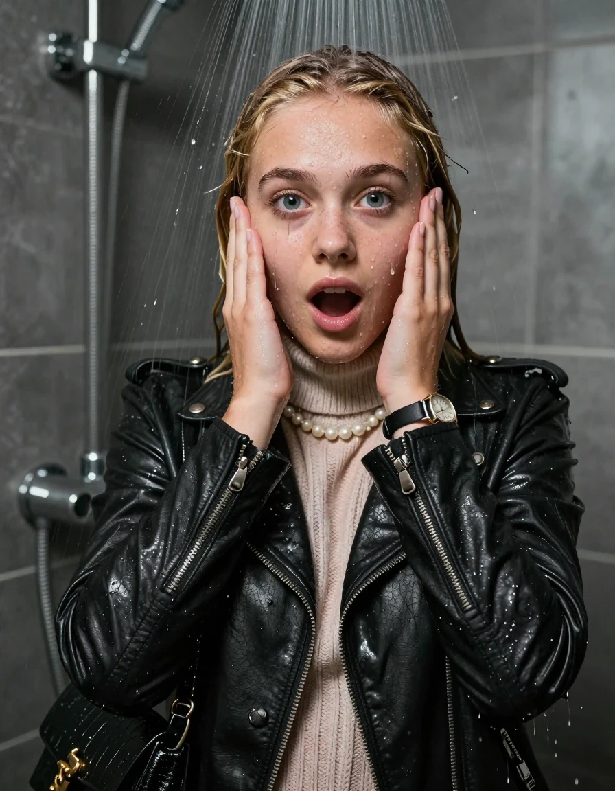 photo of young woman, in soaking wet, drenched clothes,
, , Biker leatherjacket, knit turtleneck sweater, handbag, pearl necklace, bracelet, wristwatch, Under the shower, strong jet of water, party room, 
enjoying, wet clothes stuck to body,
detailed textures of the wet clothes, wet face, wet plastered hair,
wet, drenched, professional, high-quality details, full body view.
sharp focus, ultra-high pixel detail, realistic, high-quality, full colors, incredibly detailed, 4k, 8k, 16k, hyper-realistic, RAW photo, masterpiece, ultra-detailed, professionally color graded, professional photograph, Blonde sleek long straight hair

 15 years old  school girl

Only head and shoulders are over the surface visible. Open mouth, big eyes. Looking at camera. Hold her hands on her face.

The girls wear different clothes.

she is completely underwater up to her neck, surprised and astonished expression. 

her clothing is soaking wet and clinging tightly to her skin, showing heavy wet folds, darkened fabric texture, and deep water-saturated Patches, her clothes are heavy from the water, water runs from her body and her clothes in streams. A lot of water also runs out of her clothes. Her clothes are darkened by the water. Her submerged clothes are good visible under the water.  she soaked her handbag into the water.

close up view, wet skin, wet clothes, wet hair, damp fabric, water runs down the clothes, wet skin, wet clothes, damp fabric. cinematic medium shot, hyper-realistic wetness, high-contrast water sheen, sharp focus, 16k resolution, professional photography, realistic water physics., wet skin, wet clothes, damp fabric, wet skin, wet clothes, damp fabric, wet skin, wet clothes, damp fabric