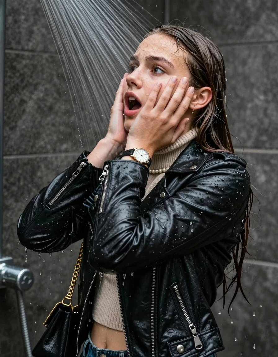 photo of young woman, in soaking wet, drenched clothes,
, , biker leatherjacket, knit turtleneck sweater belly free, handbag, pearl necklace, bracelet, wristwatch, Under the shower, strong jet of water, party shower, 
enjoying, wet clothes stuck to body,
detailed textures of the wet clothes, wet face, wet plastered hair,
wet, drenched, professional, high-quality details, full body view.
sharp focus, ultra-high pixel detail, realistic, high-quality, full colors, incredibly detailed, 4k, 8k, 16k, hyper-realistic, RAW photo, masterpiece, ultra-detailed, professionally color graded, professional photograph, sleek long straight hair

 15 years old  teenage girl

Only head and shoulders are over the surface visible. Looking back. The water splashes directly into her face. Hold her hands over her face.  open mouth, big eyes.

The girls wear different clothes.

she is completely underwater up to her neck, shocked and embarrassed expression. 

her clothing is soaking wet and clinging tightly to her skin, showing heavy wet folds, darkened fabric texture, and deep water-saturated Patches, her clothes are heavy from the water, water runs from her body and her clothes in streams. A lot of water also runs out of her clothes. Her clothes are darkened by the water. Her submerged clothes are good visible under the water.  she soaked her handbag into the water.

close up view, wet skin, wet clothes, wet hair, damp fabric, water runs down the clothes, wet skin, wet clothes, damp fabric. cinematic medium shot, hyper-realistic wetness, high-contrast water sheen, sharp focus, 16k resolution, professional photography, realistic water physics., wet skin, wet clothes, damp fabric, wet skin, wet clothes, damp fabric, wet skin, wet clothes, damp fabric