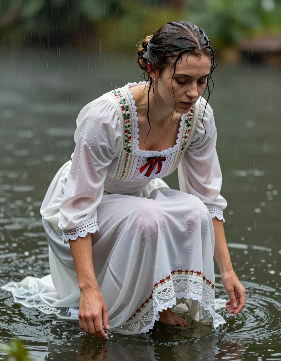 photo of young woman, in soaking wet, drenched clothes,
barefeet, very traditional conservative wedding dress, very traditional conservative wedding dress, pond during rainstorm, 
enjoying, wet clothes stuck to body,
detailed textures of the wet clothes, wet face, wet plastered hair,
wet, drenched, professional, high-quality details, full body view.
sharp focus, ultra-high pixel detail, realistic, high-quality, full colors, incredibly detailed, 4k, 8k, 16k, hyper-realistic, RAW photo, masterpiece, ultra-detailed, professionally color graded, professional photograph, swimming in the water, wet skin, wet clothes, damp fabric