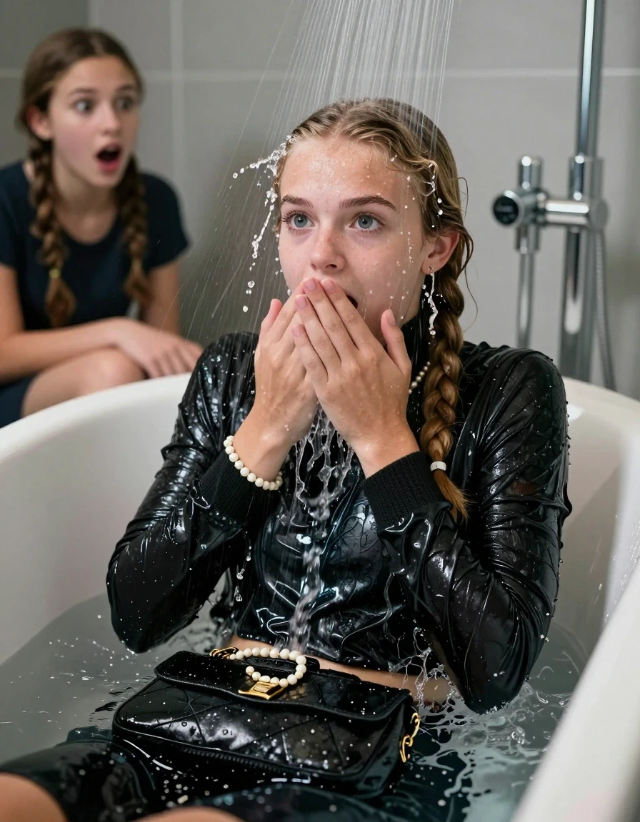 photo of young woman, in soaking wet, drenched clothes,
, , Black knit turtleneck sweater belly free, handbag, pearl necklace, bracelet, wristwatch, 15-year-old teenage Girl relaxing directly under a heavy powerful stream of water in a bathtube of a modern bathroom, a shocked friend sits beside the tube and watching her, 
enjoying, wet clothes stuck to body,
detailed textures of the wet clothes, wet face, wet plastered hair,
wet, drenched, professional, high-quality details, full body view.
sharp focus, ultra-high pixel detail, realistic, high-quality, full colors, incredibly detailed, 4k, 8k, 16k, hyper-realistic, RAW photo, masterpiece, ultra-detailed, professionally color graded, professional photograph, Behind view: 15-year-old teenage girl.
wet plastered hair. Blonde boxer braids

 15 years old  teenage girl

Only head and shoulders are over the surface visible. Looking slightly away. The water splashes directly into her face. Hold her hand over her mouth.  open mouth, big eyes.

The girls wear different clothes.

she is completely underwater up to her neck, afraid and astonished expression. 

her clothing is soaking wet and clinging tightly to her skin, showing heavy wet folds, darkened fabric texture, and deep water-saturated Patches, her clothes are heavy from the water, water runs from her body and her clothes in streams. A lot of water also runs out of her clothes. Her clothes are darkened by the water. Her submerged clothes are good visible under the water.  she soaked her handbag into the water.

close up view, wet skin, wet clothes, wet hair, damp fabric, water runs down the clothes, wet skin, wet clothes, damp fabric. cinematic medium shot, hyper-realistic wetness, high-contrast water sheen, sharp focus, 16k resolution, professional photography, realistic water physics., wet skin, wet clothes, damp fabric, wet skin, wet clothes, damp fabric, wet skin, wet clothes, damp fabric, wet skin, wet clothes, damp fabric, wet skin, wet clothes, damp fabric, wet skin, wet clothes, damp fabric
