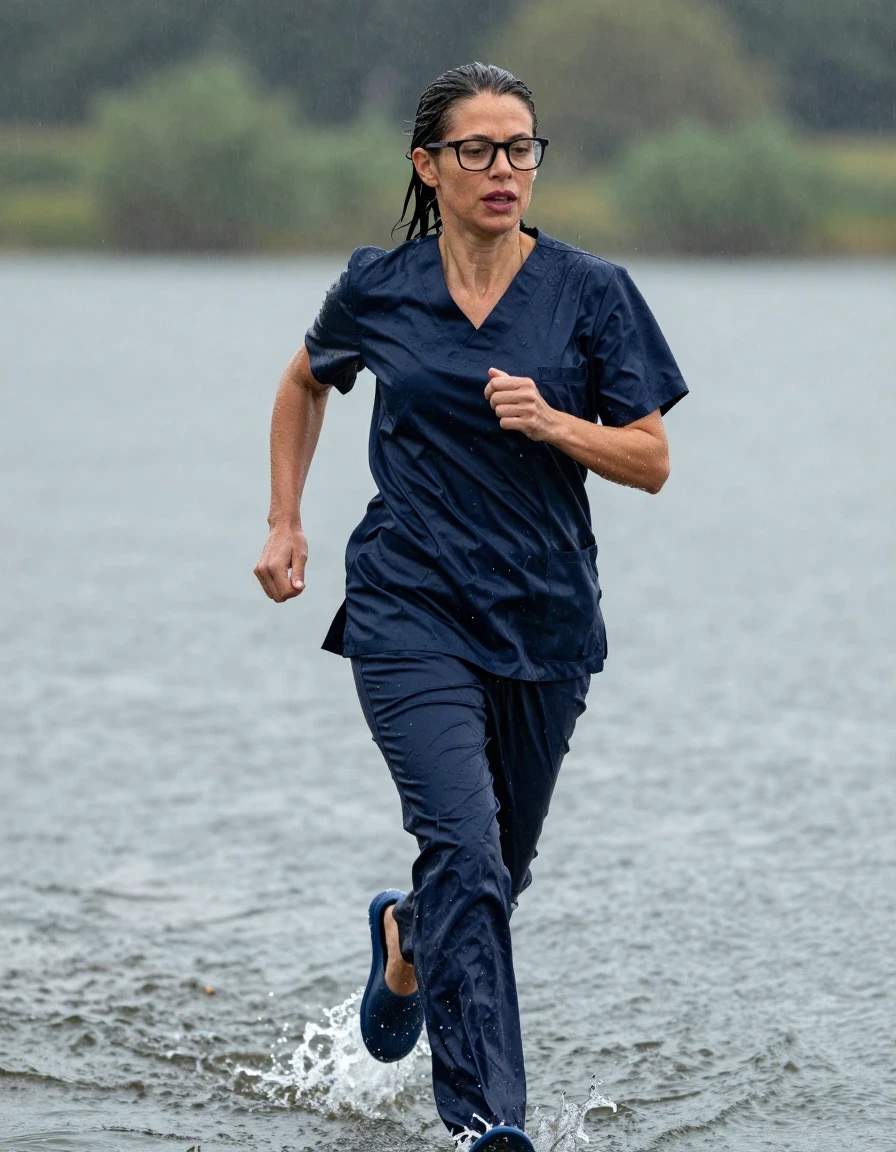 photo of young woman, in soaking wet, drenched clothes,
slippers, dark blue scrubs, dark blue scrubs, running in the lake under hard rain, enjoying wet clothes stuck body, enjoying, wet clothes stuck to body, 
enjoying, wet clothes stuck to body,
detailed textures of the wet clothes, wet face, wet plastered hair,
wet, drenched, professional, high-quality details, full body view.
sharp focus, ultra-high pixel detail, realistic, high-quality, full colors, incredibly detailed, 4k, 8k, 16k, hyper-realistic, RAW photo, masterpiece, ultra-detailed, professionally color graded, professional photograph, europen brunette skinny woman 50 years old, long dark black hair, very big and thick lips,  office glasses, complete body, wet skin, wet clothes, damp fabric, wet skin, wet clothes, damp fabric, wet skin, wet clothes, damp fabric, wet skin, wet clothes, damp fabric, wet skin, wet clothes, damp fabric, wet skin, wet clothes, damp fabric, wet skin, wet clothes, damp fabric