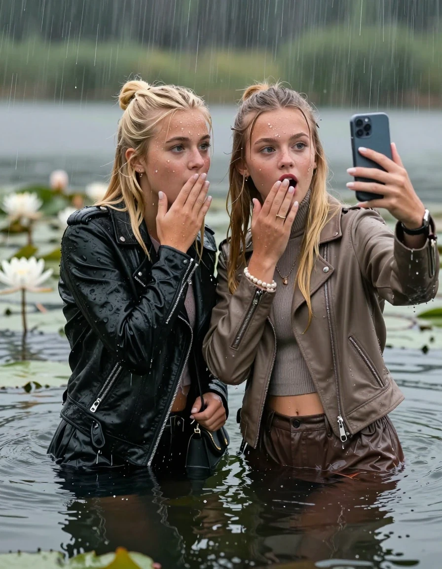 photo of young woman, in soaking wet, drenched clothes,
, , Black Biker leatherjacket and light brown leatherjacket, tight knit turtleneck sweater belly free, handbag, pearl necklace, bracelet, wristwatch, Emerging after diving in a lake with water lilies and reeds, heavy rain falls directely on her heads, 
enjoying, wet clothes stuck to body,
detailed textures of the wet clothes, wet face, wet plastered hair,
wet, drenched, professional, high-quality details, full body view.
sharp focus, ultra-high pixel detail, realistic, high-quality, full colors, incredibly detailed, 4k, 8k, 16k, hyper-realistic, RAW photo, masterpiece, ultra-detailed, professionally color graded, professional photograph, blonde sleek long straight hair and blonde topknot

 two 15 years old  teenage girls

Only head and shoulders are over the surface visible. Open mouth, big eyes. Looking at camera. one Hold her hands onver her mouth. one hold one hand on her mouth and take with the other hand a selfie with her smartphone.

The girls wear different clothes.

she is completely underwater up to her neck, horny and astonished expression. 

her clothing is soaking wet and clinging tightly to her skin, showing heavy wet folds, darkened fabric texture, and deep water-saturated Patches, her clothes are heavy from the water, water runs from her body and her clothes in streams. A lot of water also runs out of her clothes. Her clothes are darkened by the water. Her submerged clothes are good visible under the water.  she soaked her handbag into the water.

close up view, wet skin, wet clothes, wet hair, damp fabric, water runs down the clothes, wet skin, wet clothes, damp fabric. cinematic medium shot, hyper-realistic wetness, high-contrast water sheen, sharp focus, 16k resolution, professional photography, realistic water physics., wet skin, wet clothes, damp fabric, wet skin, wet clothes, damp fabric, wet skin, wet clothes, damp fabric