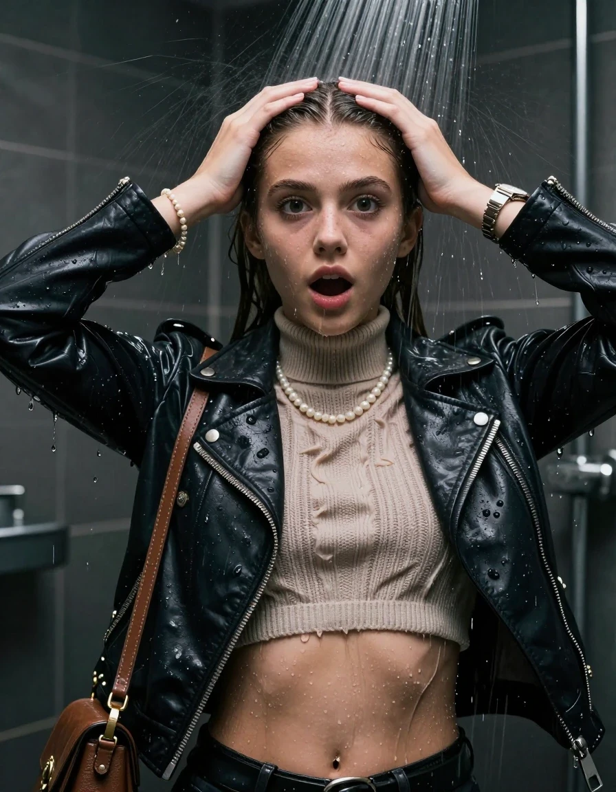 photo of young woman, in soaking wet, drenched clothes,
, , Biker leatherjacket, knit turtleneck sweater belly free, handbag, pearl necklace, bracelet, wristwatch, Under the shower, strong jet of water, party room, 
enjoying, wet clothes stuck to body,
detailed textures of the wet clothes, wet face, wet plastered hair,
wet, drenched, professional, high-quality details, full body view.
sharp focus, ultra-high pixel detail, realistic, high-quality, full colors, incredibly detailed, 4k, 8k, 16k, hyper-realistic, RAW photo, masterpiece, ultra-detailed, professionally color graded, professional photograph, sleek long straight hair

 15 years old  teenage girl

Only head and shoulders are over the surface visible. Open mouth, big eyes. Looking at camera. Hold her hands on her forehead.

The girls wear different clothes.

she is completely underwater up to her neck, surprised and astonished expression. 

her clothing is soaking wet and clinging tightly to her skin, showing heavy wet folds, darkened fabric texture, and deep water-saturated Patches, her clothes are heavy from the water, water runs from her body and her clothes in streams. A lot of water also runs out of her clothes. Her clothes are darkened by the water. Her submerged clothes are good visible under the water.  she soaked her handbag into the water.

close up view, wet skin, wet clothes, wet hair, damp fabric, water runs down the clothes, wet skin, wet clothes, damp fabric. cinematic medium shot, hyper-realistic wetness, high-contrast water sheen, sharp focus, 32k resolution, professional photography, realistic water physics., wet skin, wet clothes, damp fabric, wet skin, wet clothes, damp fabric, wet skin, wet clothes, damp fabric