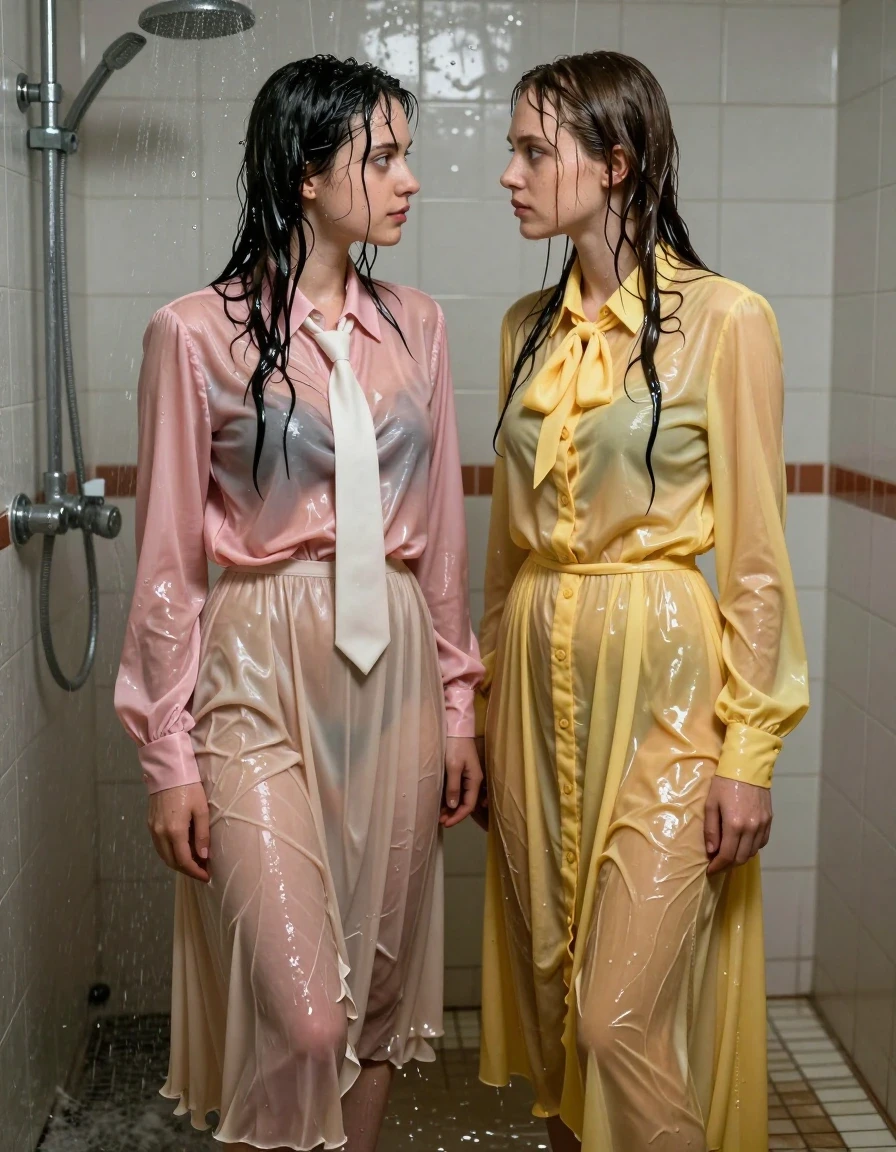 A photorealistic, highly detailed shot of two nerdy young adult European women, teachers in love, standing inside a flooded gym shower. The first woman wears a pink satin long-sleeved oversized buttoned-down blouse with a white necktie, paired with a beige floor-length excessively long silk skirt layered over petticoats. The second woman wears a long floor-length buttoned-down yellow dress with a pussy bow. Both women are drenched, with wet skin, damp hair clinging to their faces, and clothing that is heavily soaked, darkened, and clinging to their bodies, revealing the texture and weight of the wet fabric. The silk and satin materials are translucent and heavy with water, showing deep saturation and glossy sheen. The shower environment features tiled walls and floors covered in standing water, with water droplets and mist in the air. The women share an affectionate, intimate gaze, radiating love. Cinematic lighting highlights the wet textures and water reflections on the floor, captured with a sharp 85mm lens, high resolution, realistic skin textures, and natural water-soaked fabric physics.
