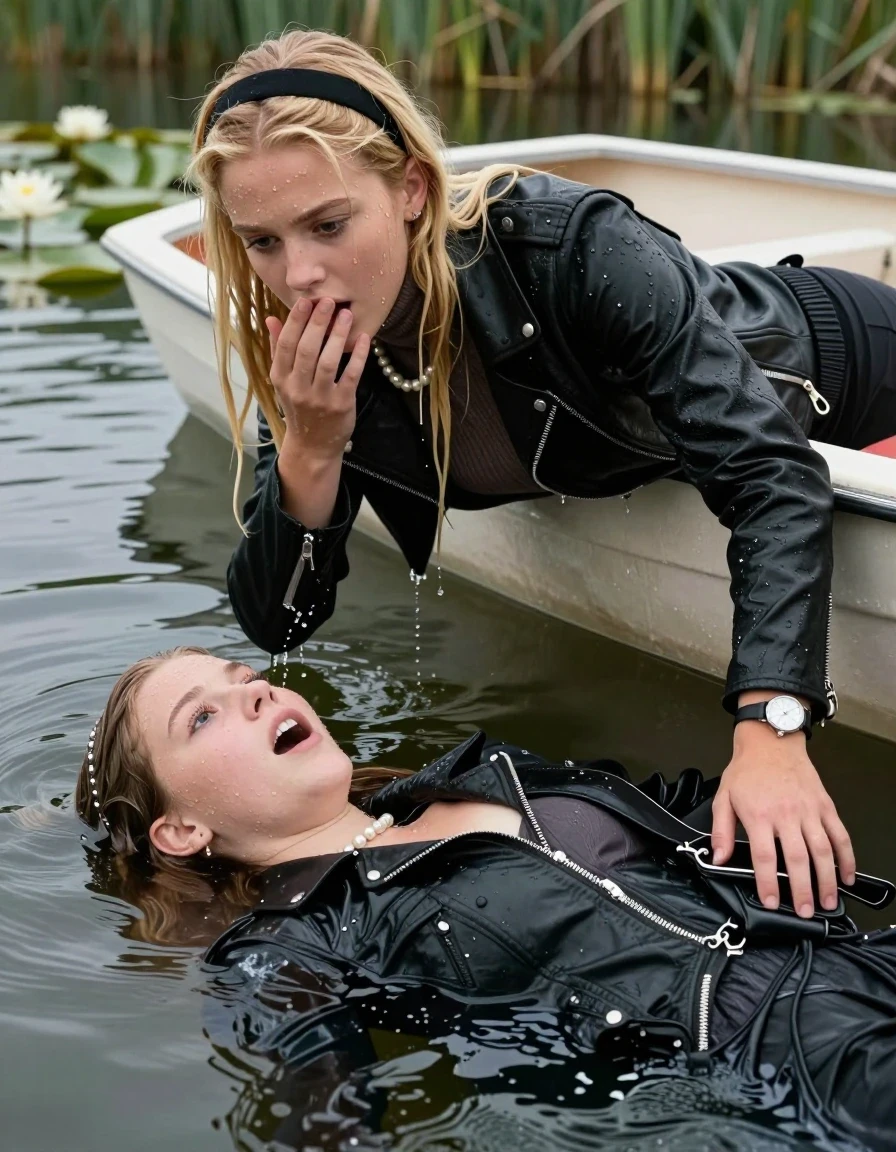 photo of young woman, in soaking wet, drenched clothes,
, , Black Biker leatherjacket, tight knit turtleneck sweater belly free, shoulderbag, pearl necklace, bracelet, wristwatch, sinking and drowning in a lake with a boat with water lilies and reeds, 
enjoying, wet clothes stuck to body,
detailed textures of the wet clothes, wet face, wet plastered hair,
wet, drenched, professional, high-quality details, full body view.
sharp focus, ultra-high pixel detail, realistic, high-quality, full colors, incredibly detailed, 4k, 8k, 16k, hyper-realistic, RAW photo, masterpiece, ultra-detailed, professionally color graded, professional photograph, blonde sleek long straight hair, hairband

two 15 years old  teenage girls

Only head and shoulders are over the surface visible. Open mouth, big eyes. hold a hand on her mouth. leaning forward, lay her breast on the surface and tries to swim to the boat.

The girls wear different clothes.

she is completely underwater up to her neck, shocked and astonished expression. 

her clothing is soaking wet and clinging tightly to her skin, showing heavy wet folds, darkened fabric texture, and deep water-saturated Patches, her clothes are heavy from the water, water runs from her body and her clothes in streams. A lot of water also runs out of her clothes. Her clothes are darkened by the water. Her submerged clothes are good visible under the water.  she soaked her handbag into the water.

close up view, zoom in, wet skin, wet clothes, wet hair, damp fabric, water runs down the clothes, wet skin, wet clothes, damp fabric. cinematic medium shot, hyper-realistic wetness, high-contrast water sheen, sharp focus, 16k resolution, professional photography, realistic water physics., wet skin, wet clothes, damp fabric, wet skin, wet clothes, damp fabric, wet skin, wet clothes, damp fabric