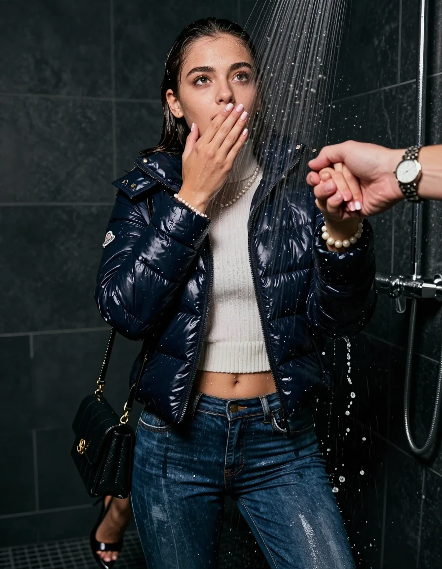 photo of young woman, in soaking wet, drenched clothes,
Heels, Tight Skinny jeans, Moncler shiny puffer down jacket , white knit turtleneck sweater belly free, handbag, pearl necklace, bracelet, wristwatch, Under the shower, strong jet of water, party room, 
enjoying, wet clothes stuck to body,
detailed textures of the wet clothes, wet face, wet plastered hair,
wet, drenched, professional, high-quality details, full body view.
sharp focus, ultra-high pixel detail, realistic, high-quality, full colors, incredibly detailed, 4k, 8k, 16k, hyper-realistic, RAW photo, masterpiece, ultra-detailed, professionally color graded, professional photograph, sleek long straight hair, wer plastered hair

 15-years-old teenage girl

 0ne hand over her mouth, hold with the other the female viewer's hand, pulling them toward the center of the water. 

Only head and shoulders are over the surface visible. Looking up. 

The girls wear different clothes.

she is completely underwater up to her neck, afraid and astonished expression. Slight smile.

her clothing is soaking wet and clinging tightly to her skin, showing heavy wet folds, darkened fabric texture, and deep water-saturated Patches, her clothes are heavy from the water, water runs from her body and her clothes in streams. A lot of water also runs out of her clothes. Her clothes are darkened by the water. Her submerged clothes are good visible under the water.  she soaked her handbag into the water.

close up view, wet skin, wet clothes, wet hair, damp fabric, water runs down the clothes, wet skin, wet clothes, damp fabric. cinematic medium shot, hyper-realistic wetness, high-contrast water sheen, sharp focus, 16k resolution, professional photography, realistic water physics., wet skin, wet clothes, damp fabric, wet skin, wet clothes, damp fabric, wet skin, wet clothes, damp fabric
