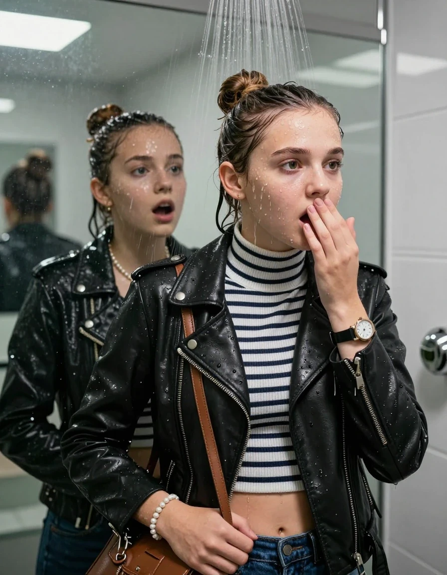 photo of young woman, in soaking wet, drenched clothes,
, , Biker leatherjacket, Tight Striped knit turtleneck sweater belly free, handbag, pearl necklace, bracelet, wristwatch, Under the shower, strong jet of water, modern mirrored bathroom, 
enjoying, wet clothes stuck to body,
detailed textures of the wet clothes, wet face, wet plastered hair,
wet, drenched, professional, high-quality details, full body view.
sharp focus, ultra-high pixel detail, realistic, high-quality, full colors, incredibly detailed, 4k, 8k, 16k, hyper-realistic, RAW photo, masterpiece, ultra-detailed, professionally color graded, professional photograph, Topknot

Two 15 years old  teenage girl

Only head and shoulders are over the surface visible. Open mouth, big eyes. Looking slightly away. Hold a hand on her mouth.

she is completely underwater up to her neck, afraid and astonished expression. 

her submerged clothes are hardly vusible under water, she soaked her handbag into the water

close up view, wet skin, wet clothes, wet hair, damp fabric, water runs down the clothes, wet skin, wet clothes, damp fabric., wet skin, wet clothes, damp fabric, wet skin, wet clothes, damp fabric, wet skin, wet clothes, damp fabric, wet skin, wet clothes, damp fabric, wet skin, wet clothes, damp fabric, wet skin, wet clothes, damp fabric, wet skin, wet clothes, damp fabric, wet skin, wet clothes, damp fabric, wet skin, wet clothes, damp fabric