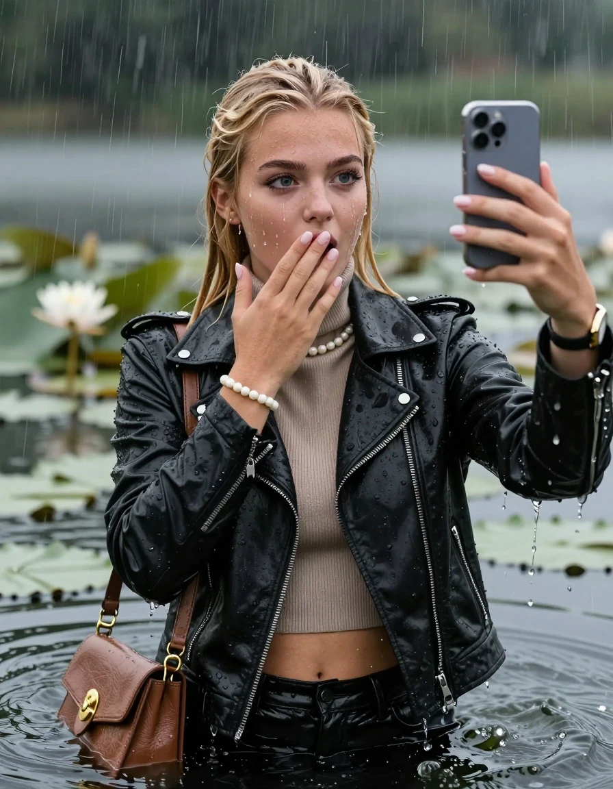 photo of young woman, in soaking wet, drenched clothes,
, , Black Biker leatherjacket and light brown leatherjacket, tight knit turtleneck sweater belly free, handbag, pearl necklace, bracelet, wristwatch, Emerging after diving in a lake with water lilies and reeds, heavy rain falls directely on her heads, 
enjoying, wet clothes stuck to body,
detailed textures of the wet clothes, wet face, wet plastered hair,
wet, drenched, professional, high-quality details, full body view.
sharp focus, ultra-high pixel detail, realistic, high-quality, full colors, incredibly detailed, 4k, 8k, 16k, hyper-realistic, RAW photo, masterpiece, ultra-detailed, professionally color graded, professional photograph, blonde sleek long straight hair and sleek bun

15 years old  teenage girls

Only head and shoulders are over the surface visible. Open mouth, big eyes. Looking at camera. one Hold her hands onver her mouth. one hold one hand on her mouth and take with the other hand a selfie with her smartphone. Eyeliner is running down the cheeks.

The girls wear different clothes.

she is completely underwater up to her neck, horny and astonished expression. 

her clothing is soaking wet and clinging tightly to her skin, showing heavy wet folds, darkened fabric texture, and deep water-saturated Patches, her clothes are heavy from the water, water runs from her body and her clothes in streams. A lot of water also runs out of her clothes. Her clothes are darkened by the water. Her submerged clothes are good visible under the water.  she soaked her handbag into the water.

close up view, wet skin, wet clothes, wet hair, damp fabric, water runs down the clothes, wet skin, wet clothes, damp fabric. cinematic medium shot, hyper-realistic wetness, high-contrast water sheen, sharp focus, 16k resolution, professional photography, realistic water physics., wet skin, wet clothes, damp fabric, wet skin, wet clothes, damp fabric, wet skin, wet clothes, damp fabric