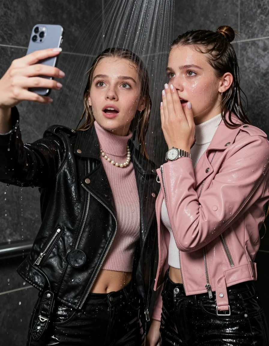 photo of young woman, in soaking wet, drenched clothes,
, , Black Biker leatherjacket and light pink leatherjacket, knit turtleneck sweater belly free, handbag, pearl necklace, bracelet, wristwatch, Under the shower, strong jet of water, party room, 
enjoying, wet clothes stuck to body,
detailed textures of the wet clothes, wet face, wet plastered hair,
wet, drenched, professional, high-quality details, full body view.
sharp focus, ultra-high pixel detail, realistic, high-quality, full colors, incredibly detailed, 4k, 8k, 16k, hyper-realistic, RAW photo, masterpiece, ultra-detailed, professionally color graded, professional photograph, sleek long straight hair and topknot

 two 15 years old  teenage girls

Only head and shoulders are over the surface visible. Looking at camera. Hold her hand in front of her nose. one girl take a selfie with her smartphone.

The girls wear different clothes.

she is completely underwater up to her neck, afraid and astonished expression but they grin anyway.

her clothing is soaking wet and clinging tightly to her skin, showing heavy wet folds, darkened fabric texture, and deep water-saturated Patches, her clothes are heavy from the water, water runs from her body and her clothes in streams. A lot of water also runs out of her clothes. Her clothes are darkened by the water. Her submerged clothes are good visible under the water.  she soaked her handbag into the water.

close up view, wet skin, wet clothes, wet hair, damp fabric, water runs down the clothes, wet skin, wet clothes, damp fabric. cinematic medium shot, hyper-realistic wetness, high-contrast water sheen, sharp focus, 16k resolution, professional photography, realistic water physics., wet skin, wet clothes, damp fabric, wet skin, wet clothes, damp fabric, wet skin, wet clothes, damp fabric, wet skin, wet clothes, damp fabric