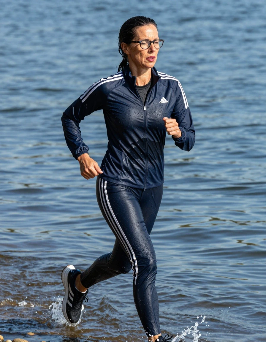 photo of young woman, in soaking wet, drenched clothes,
adidas shoes, dark blue adidas sport pants, black adidas t-shirt, dark blue adidas sport jacket, running submerged in very deep the sunny lake, enjoying wet clothes stuck body, enjoying, wet clothes stuck to body, 
enjoying, wet clothes stuck to body,
detailed textures of the wet clothes, wet face, wet plastered hair,
wet, drenched, professional, high-quality details, full body view.
sharp focus, ultra-high pixel detail, realistic, high-quality, full colors, incredibly detailed, 4k, 8k, 16k, hyper-realistic, RAW photo, masterpiece, ultra-detailed, professionally color graded, professional photograph, europen brunette skinny woman 50 years old, long dark black hair, very big and thick lips,  office glasses, complete body, wet skin, wet clothes, damp fabric, wet skin, wet clothes, damp fabric, wet skin, wet clothes, damp fabric, wet skin, wet clothes, damp fabric, wet skin, wet clothes, damp fabric, wet skin, wet clothes, damp fabric, wet skin, wet clothes, damp fabric