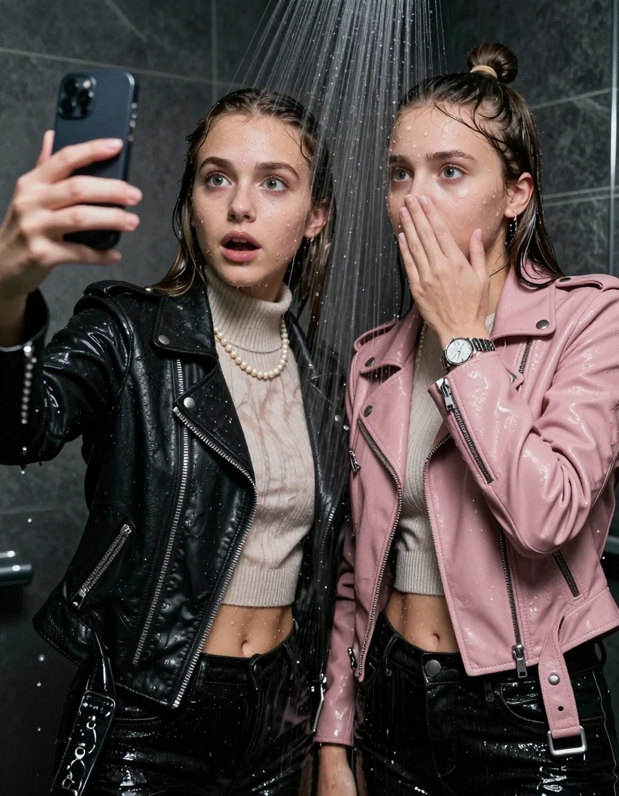 photo of young woman, in soaking wet, drenched clothes,
, , Black Biker leatherjacket and light pink leatherjacket, knit turtleneck sweater belly free, handbag, pearl necklace, bracelet, wristwatch, Under the shower, strong jet of water, party room, 
enjoying, wet clothes stuck to body,
detailed textures of the wet clothes, wet face, wet plastered hair,
wet, drenched, professional, high-quality details, full body view.
sharp focus, ultra-high pixel detail, realistic, high-quality, full colors, incredibly detailed, 4k, 8k, 16k, hyper-realistic, RAW photo, masterpiece, ultra-detailed, professionally color graded, professional photograph, sleek long straight hair and topknot

 two 15 years old  teenage girls

Only head and shoulders are over the surface visible. Open mouth, big eyes. Looking at camera. Hold her hand in front of her nose. one girl take a selfie with her smartphone.

The girls wear different clothes.

she is completely underwater up to her neck, afraid and astonished expression. 

her clothing is soaking wet and clinging tightly to her skin, showing heavy wet folds, darkened fabric texture, and deep water-saturated Patches, her clothes are heavy from the water, water runs from her body and her clothes in streams. A lot of water also runs out of her clothes. Her clothes are darkened by the water. Her submerged clothes are good visible under the water.  she soaked her handbag into the water.

close up view, wet skin, wet clothes, wet hair, damp fabric, water runs down the clothes, wet skin, wet clothes, damp fabric. cinematic medium shot, hyper-realistic wetness, high-contrast water sheen, sharp focus, 16k resolution, professional photography, realistic water physics., wet skin, wet clothes, damp fabric, wet skin, wet clothes, damp fabric, wet skin, wet clothes, damp fabric, wet skin, wet clothes, damp fabric