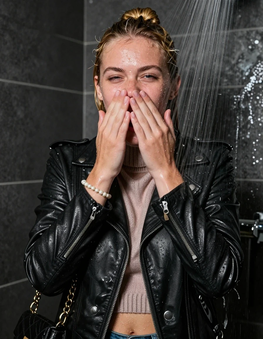 photo of young woman, in soaking wet, drenched clothes,
, , Biker leatherjacket, knit turtleneck sweater belly free, handbag, pearl necklace, bracelet, wristwatch, Under the shower, strong jet of water, party room, 
enjoying, wet clothes stuck to body,
detailed textures of the wet clothes, wet face, wet plastered hair,
wet, drenched, professional, high-quality details, full body view.
sharp focus, ultra-high pixel detail, realistic, high-quality, full colors, incredibly detailed, 4k, 8k, 16k, hyper-realistic, RAW photo, masterpiece, ultra-detailed, professionally color graded, professional photograph, Blonde topknot

 15-years-old  teenage girl

Only head and shoulders are over the surface visible. Looking at camera. Hold her hand over her mouth and nose. Open mouth, half closed eyes.

The girls wear different clothes.

she is completely underwater up to her neck, embarrassed and astonished expression, but she giggles. 

her clothing is soaking wet and clinging tightly to her skin, showing heavy wet folds, darkened fabric texture, and deep water-saturated Patches, her clothes are heavy from the water, water runs from her body and her clothes in streams. A lot of water also runs out of her clothes. Her clothes are darkened by the water. Her submerged clothes are good visible under the water.  she soaked her handbag into the water.

close up view, wet skin, wet clothes, wet hair, damp fabric, water runs down the clothes, wet skin, wet clothes, damp fabric. cinematic medium shot, hyper-realistic wetness, high-contrast water sheen, sharp focus, 16k resolution, professional photography, realistic water physics., wet skin, wet clothes, damp fabric, wet skin, wet clothes, damp fabric, wet skin, wet clothes, damp fabric