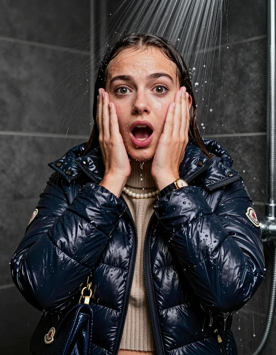 photo of young woman, in soaking wet, drenched clothes,
, , moncler shiny puffer down jacket, knit turtleneck sweater belly free, handbag, pearl necklace, bracelet, wristwatch, Under the shower, strong jet of water, party shower, 
enjoying, wet clothes stuck to body,
detailed textures of the wet clothes, wet face, wet plastered hair,
wet, drenched, professional, high-quality details, full body view.
sharp focus, ultra-high pixel detail, realistic, high-quality, full colors, incredibly detailed, 4k, 8k, 16k, hyper-realistic, RAW photo, masterpiece, ultra-detailed, professionally color graded, professional photograph, sleek long straight hair

 15 years old  teenage girl

Only head and shoulders are over the surface visible. Looking at camera. The water splashes directly into her face. Hold her hands over her face.  open mouth, big eyes.

The girls wear different clothes.

she is completely underwater up to her neck, shocked and embarrassed expression. 

her clothing is soaking wet and clinging tightly to her skin, showing heavy wet folds, darkened fabric texture, and deep water-saturated Patches, her clothes are heavy from the water, water runs from her body and her clothes in streams. A lot of water also runs out of her clothes. Her clothes are darkened by the water. Her submerged clothes are good visible under the water.  she soaked her handbag into the water.

close up view, wet skin, wet clothes, wet hair, damp fabric, water runs down the clothes, wet skin, wet clothes, damp fabric. cinematic medium shot, hyper-realistic wetness, high-contrast water sheen, sharp focus, 16k resolution, professional photography, realistic water physics., wet skin, wet clothes, damp fabric, wet skin, wet clothes, damp fabric, wet skin, wet clothes, damp fabric